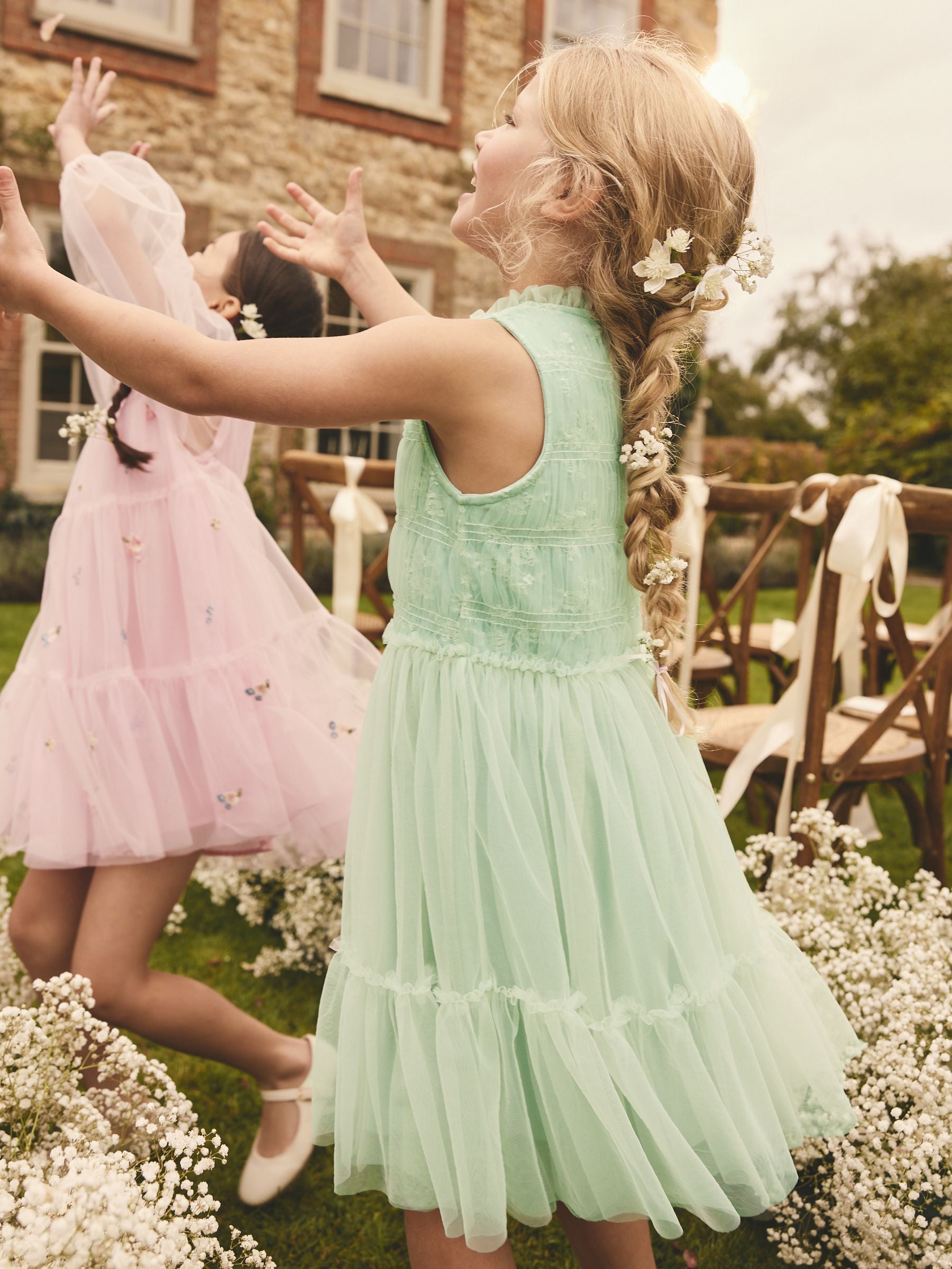 Sage Green Tiered Mesh & Lace Bridesmaid Dress (3-16yrs)