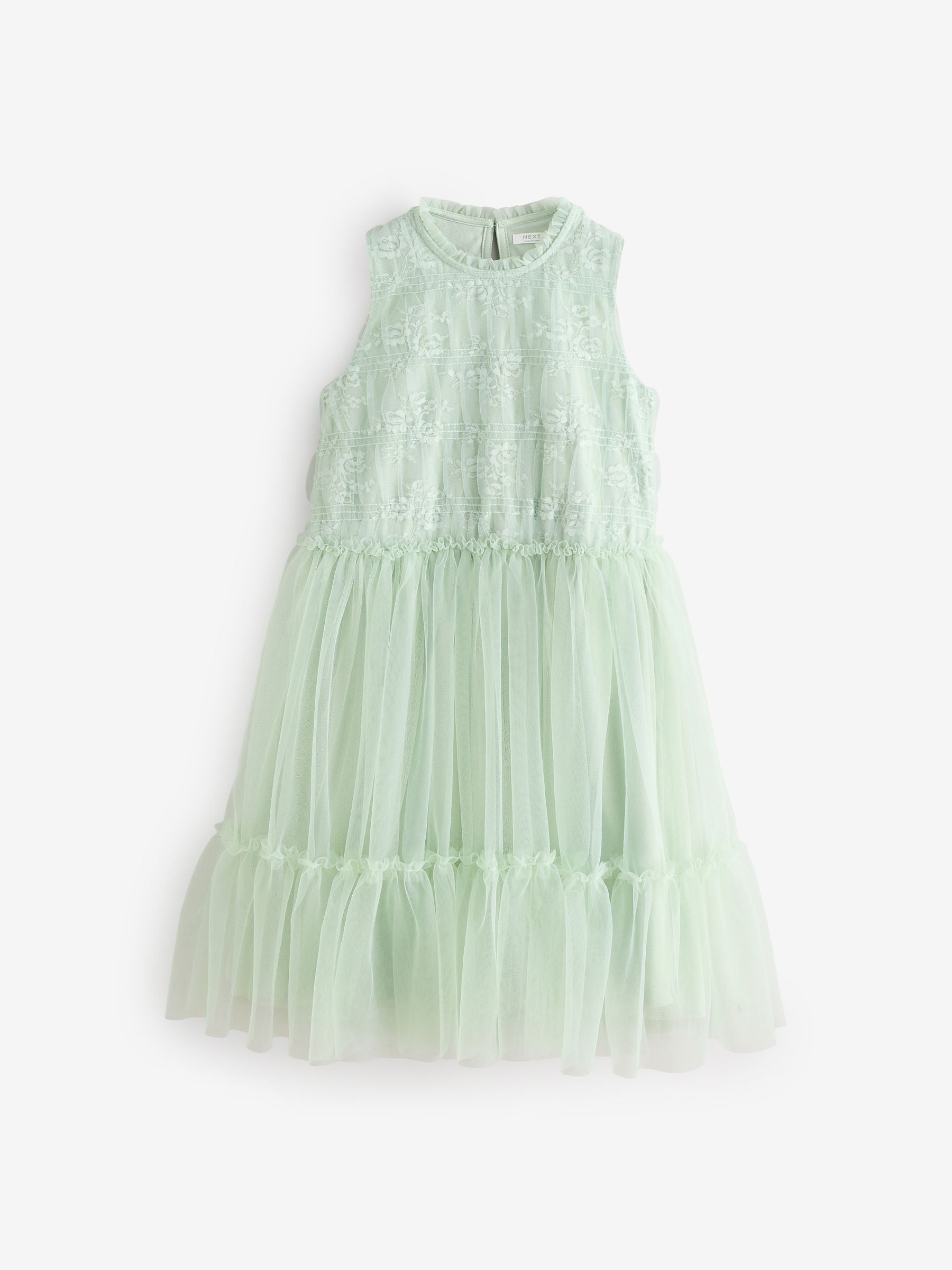 Sage Green Tiered Mesh & Lace Bridesmaid Dress (3-16yrs)