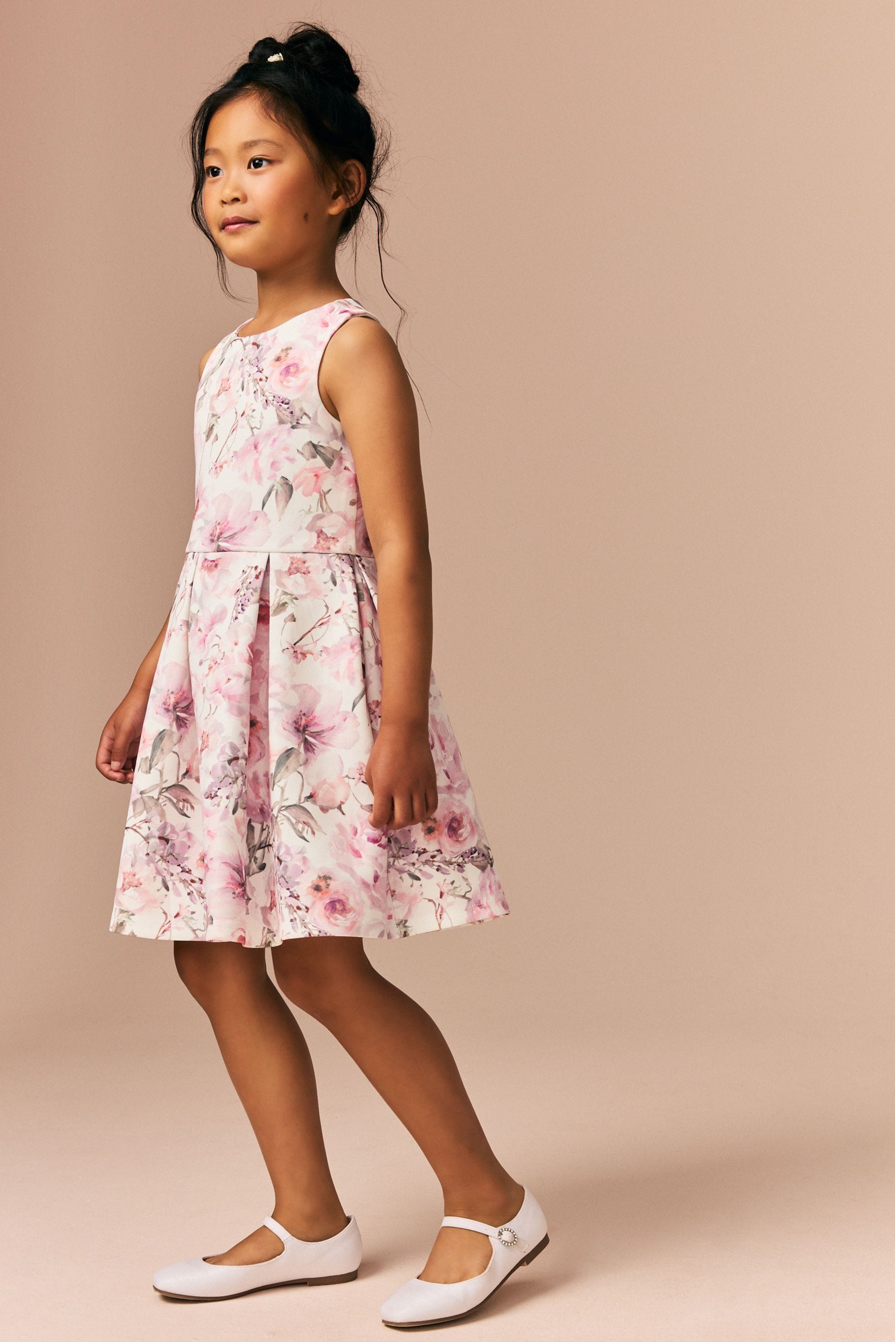 Ecru/Pink Floral Cut Out Detail Scuba Occasion Dress (1.5-16yrs)