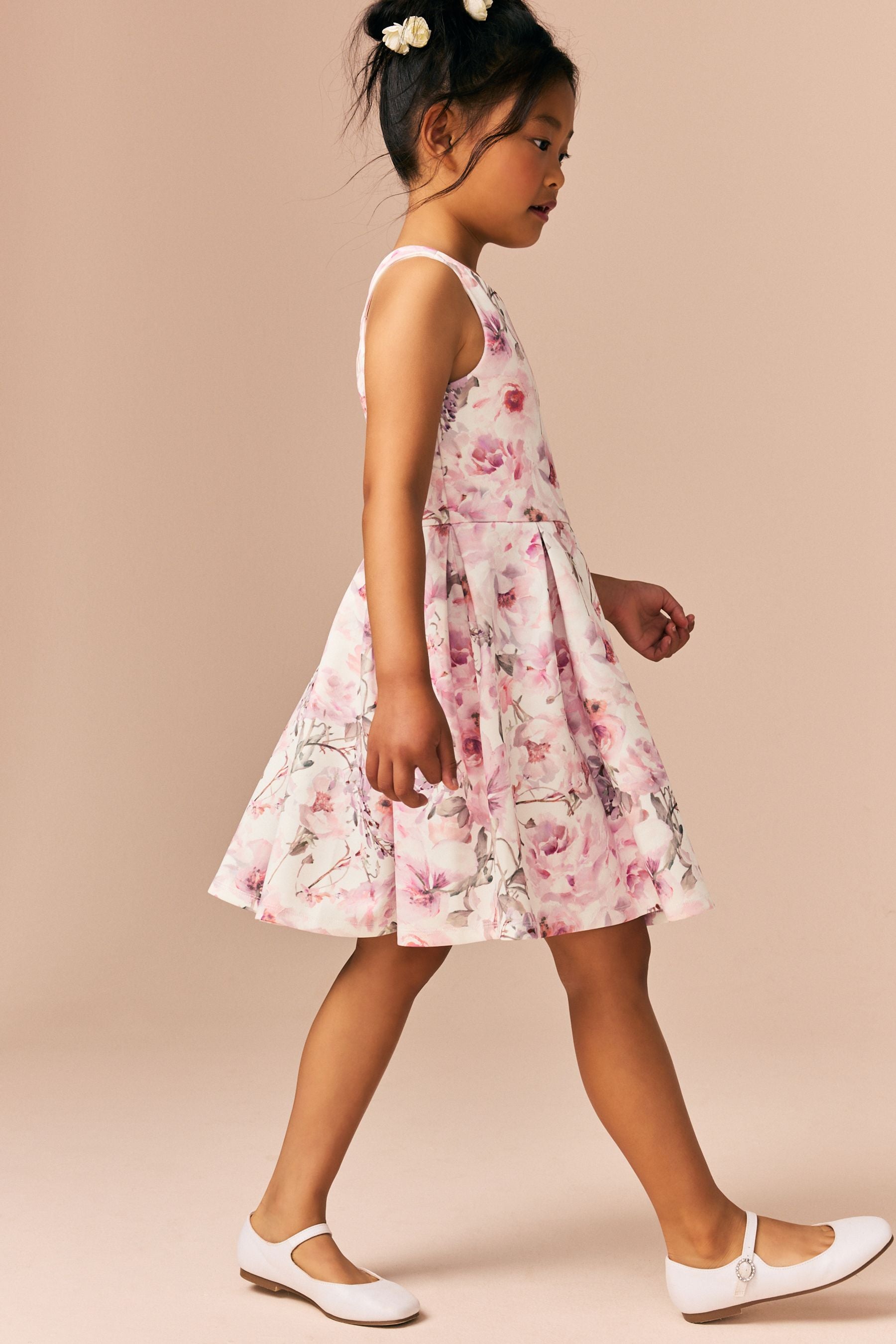 Ecru/Pink Floral Cut Out Detail Scuba Occasion Dress (1.5-16yrs)