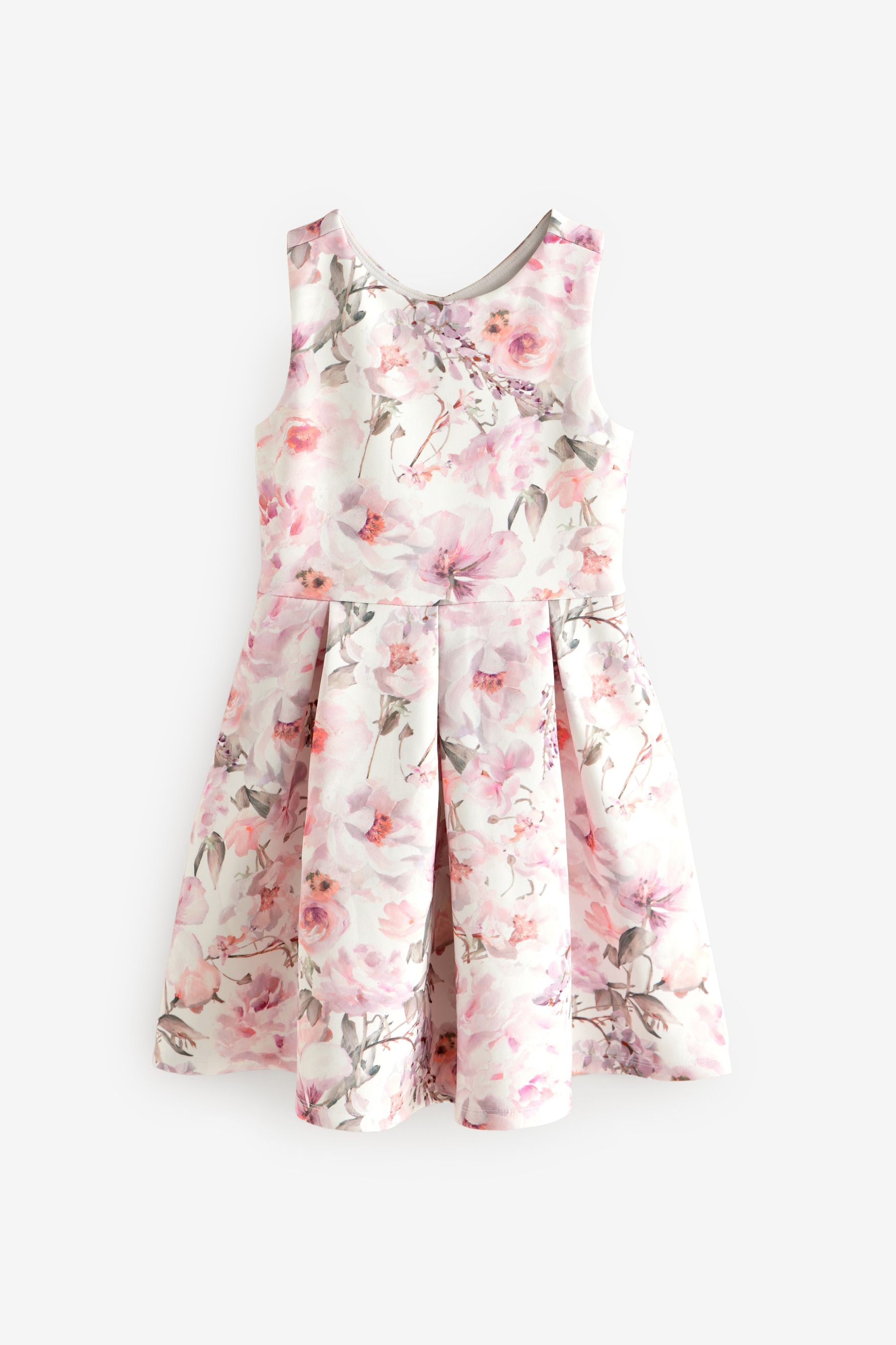 Ecru/Pink Floral Cut Out Detail Scuba Occasion Dress (1.5-16yrs)