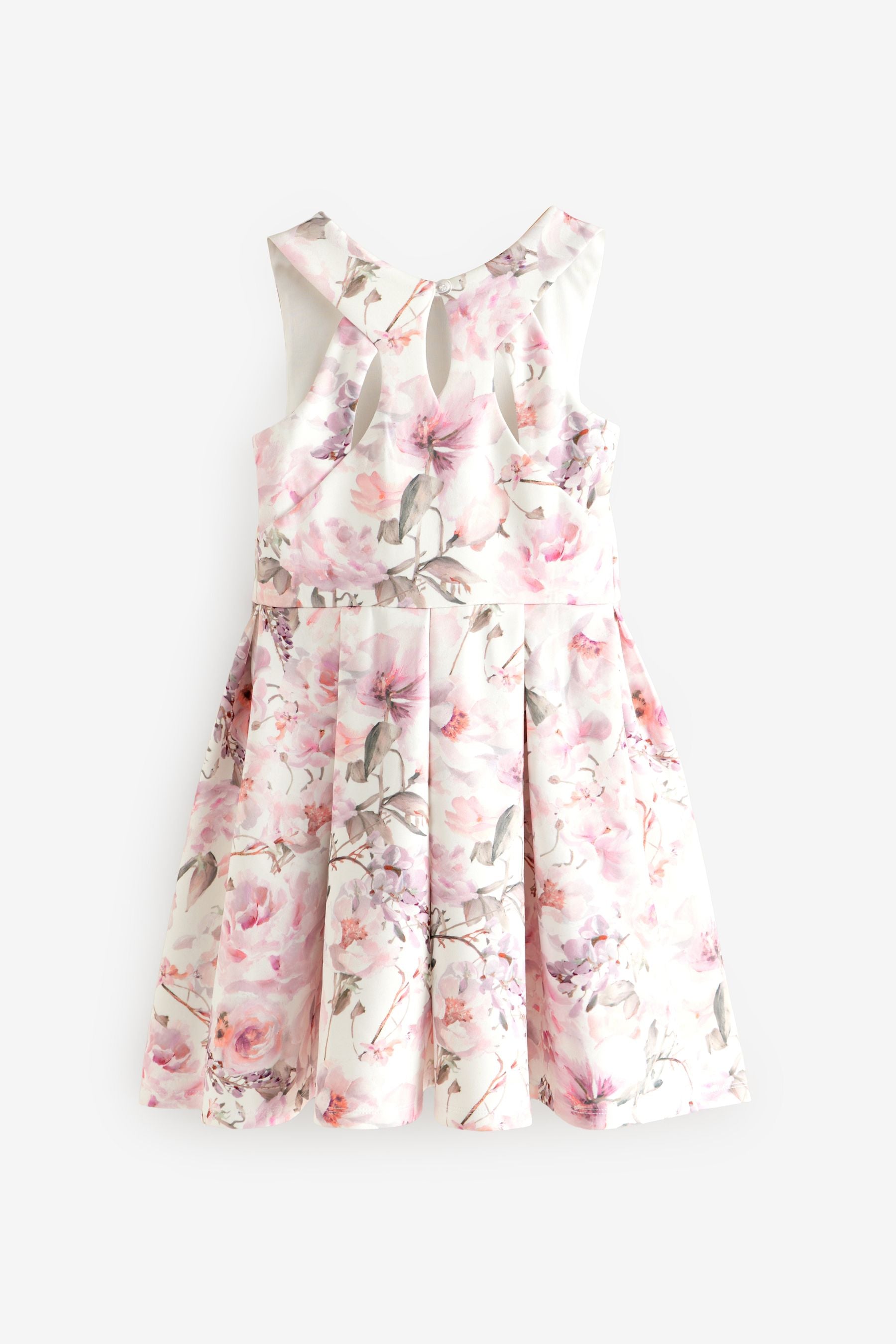 Ecru/Pink Floral Cut Out Detail Scuba Occasion Dress (1.5-16yrs)