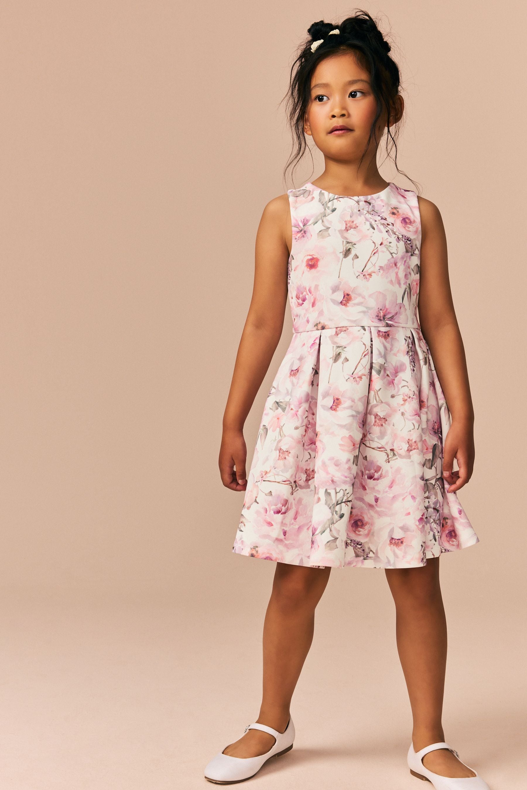 Ecru/Pink Floral Cut Out Detail Scuba Occasion Dress (1.5-16yrs)