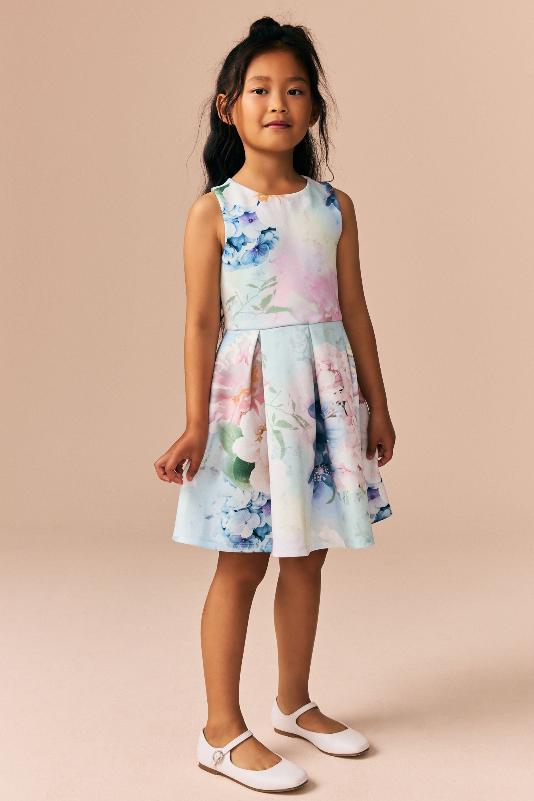 Blue Floral Cut Out Detail Scuba Occasion Dress (1.5-16yrs)