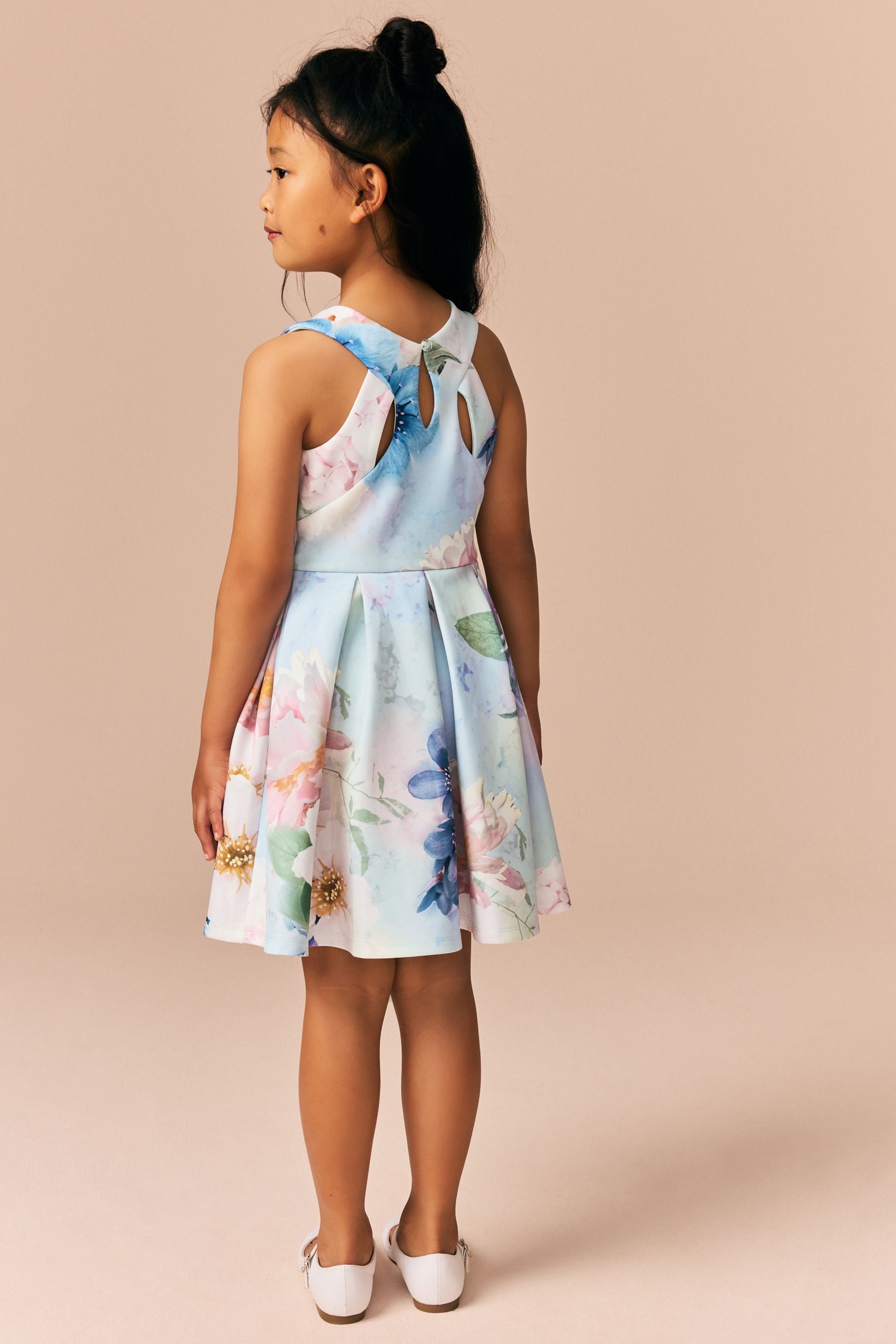 Blue Floral Cut Out Detail Scuba Occasion Dress (1.5-16yrs)