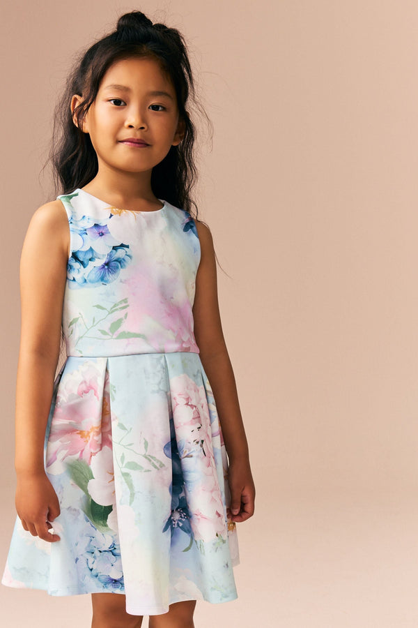 Blue Floral Cut Out Detail Scuba Occasion Dress (1.5-16yrs)