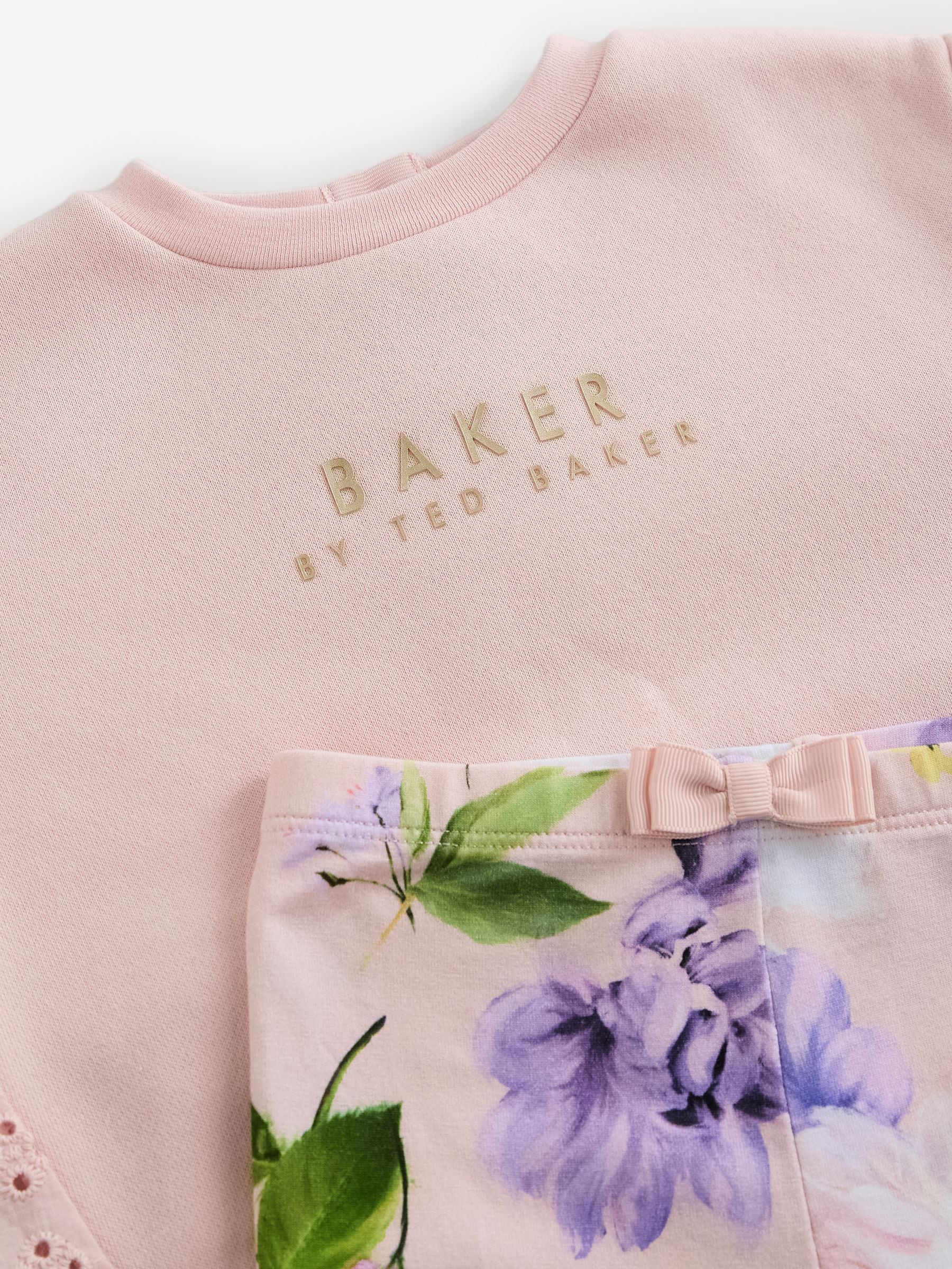 Baker by Ted Baker Pink Broiderie Detail Sweatshirt and Floral Print Leggings Set