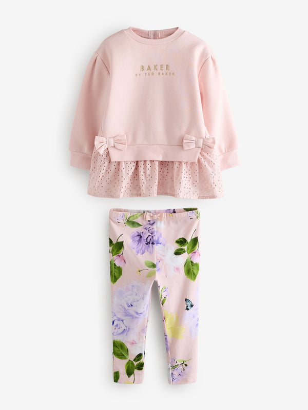 Baker by Ted Baker Pink Broiderie Detail Sweatshirt and Floral Print Leggings Set