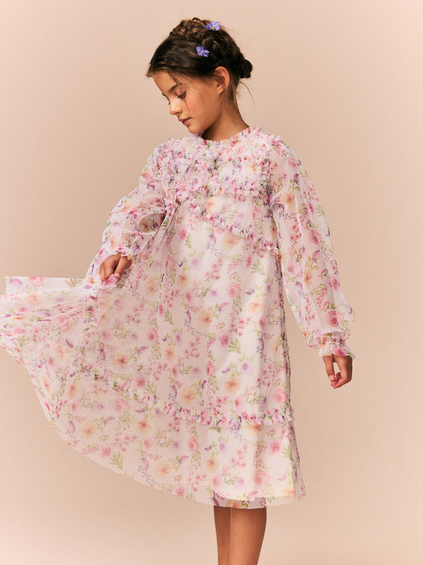 Pink Floral Long Sleeve Mesh Ruffle Occasion Dress (3-16yrs)