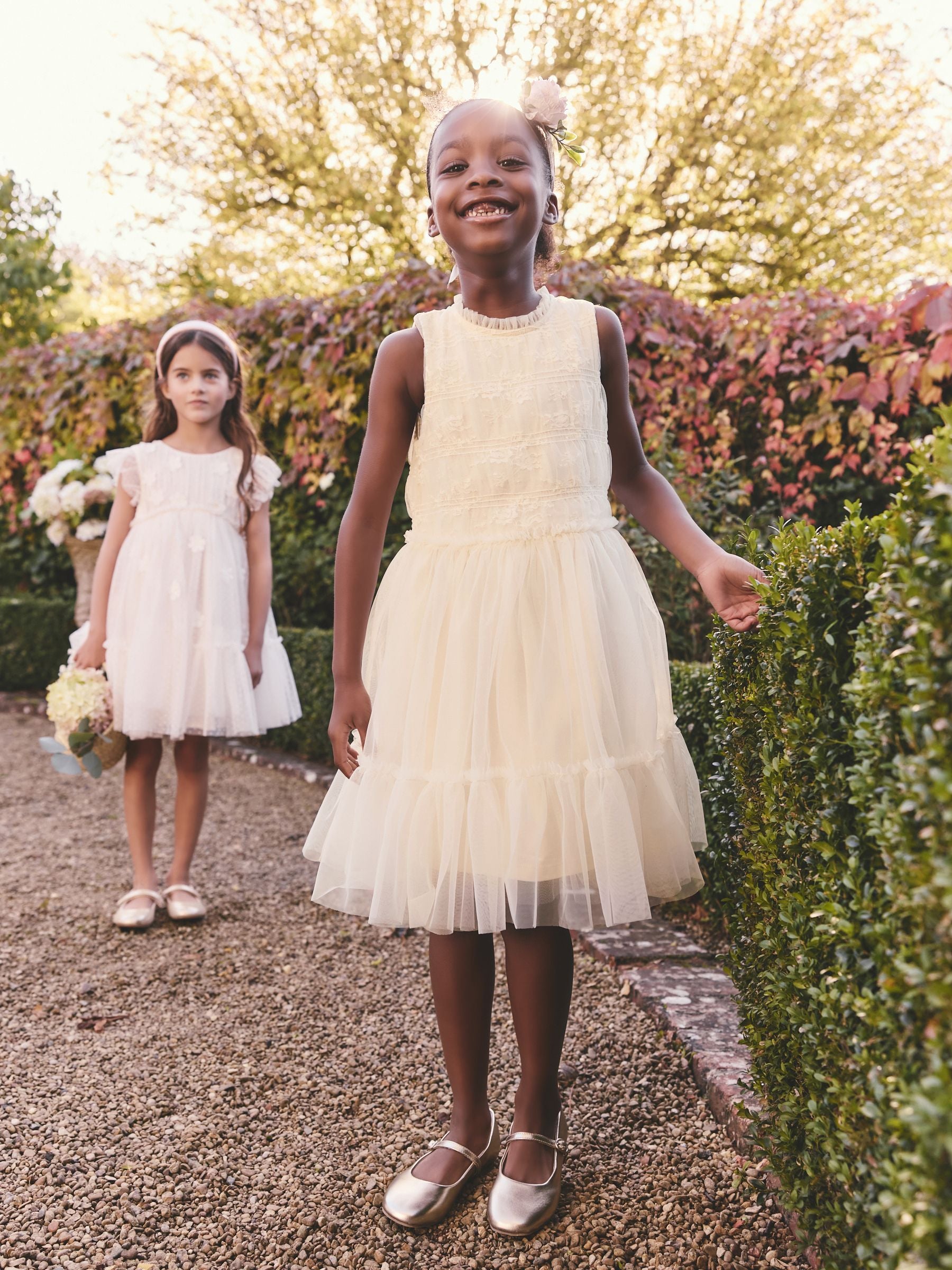 Ecru White Tiered Mesh & Lace Bridesmaid Dress (3-16yrs)