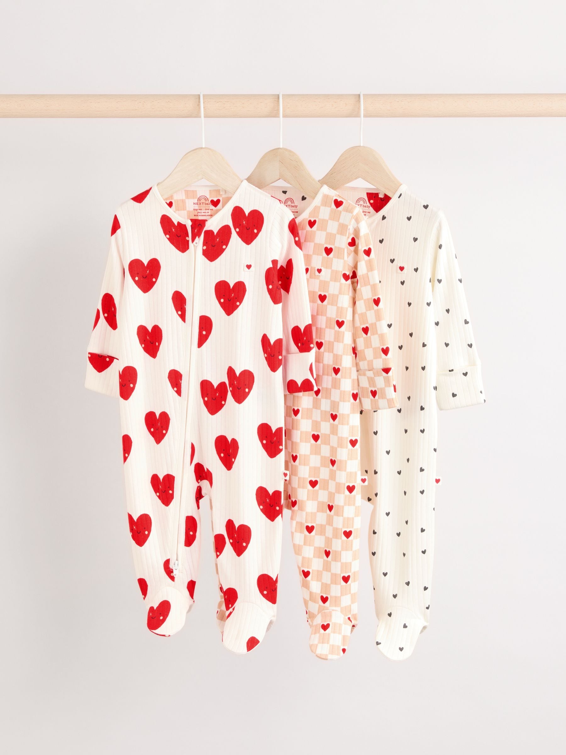 Red Valentines Two Way Zip Baby 100% Cotton Sleepsuits 3 Pack (0-2yrs)