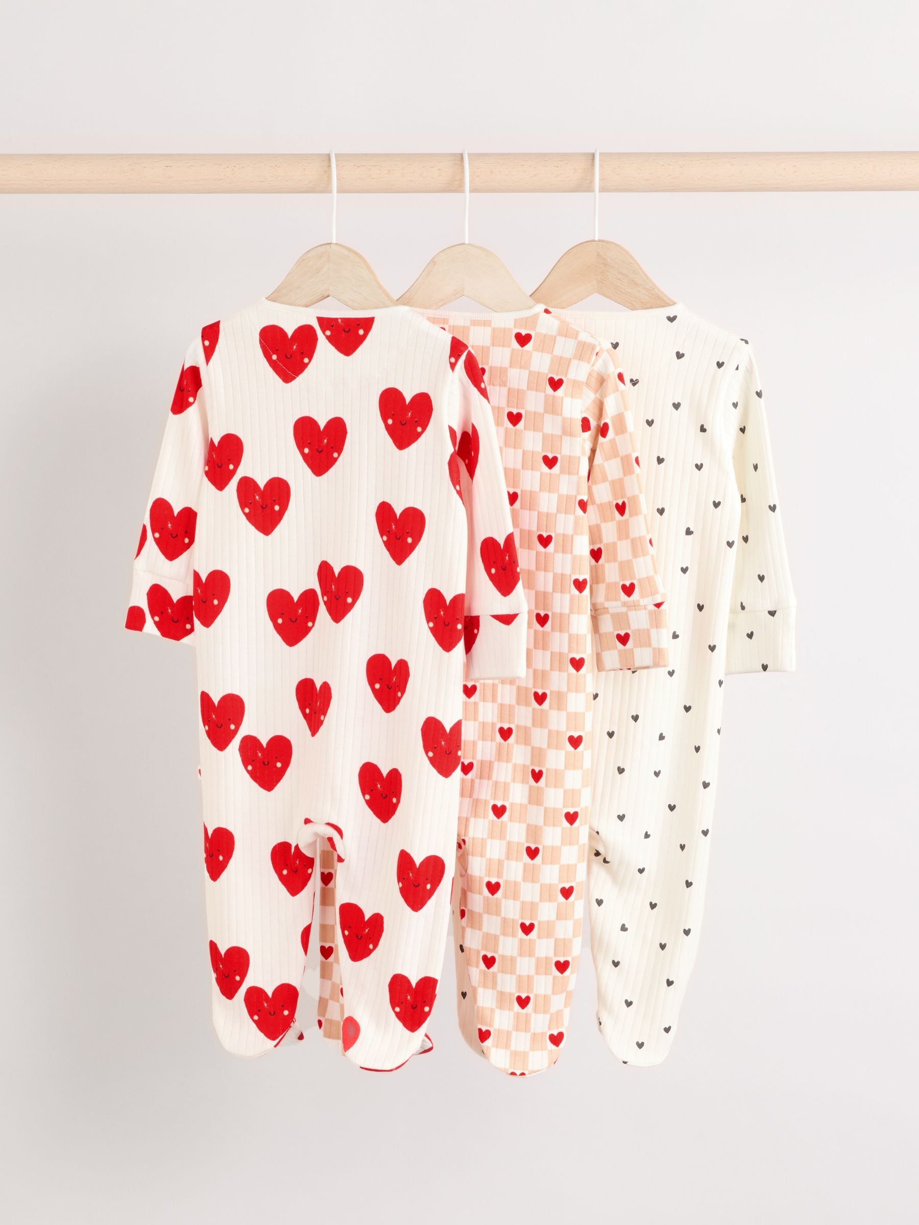 Red Valentines Two Way Zip Baby 100% Cotton Sleepsuits 3 Pack (0-2yrs)