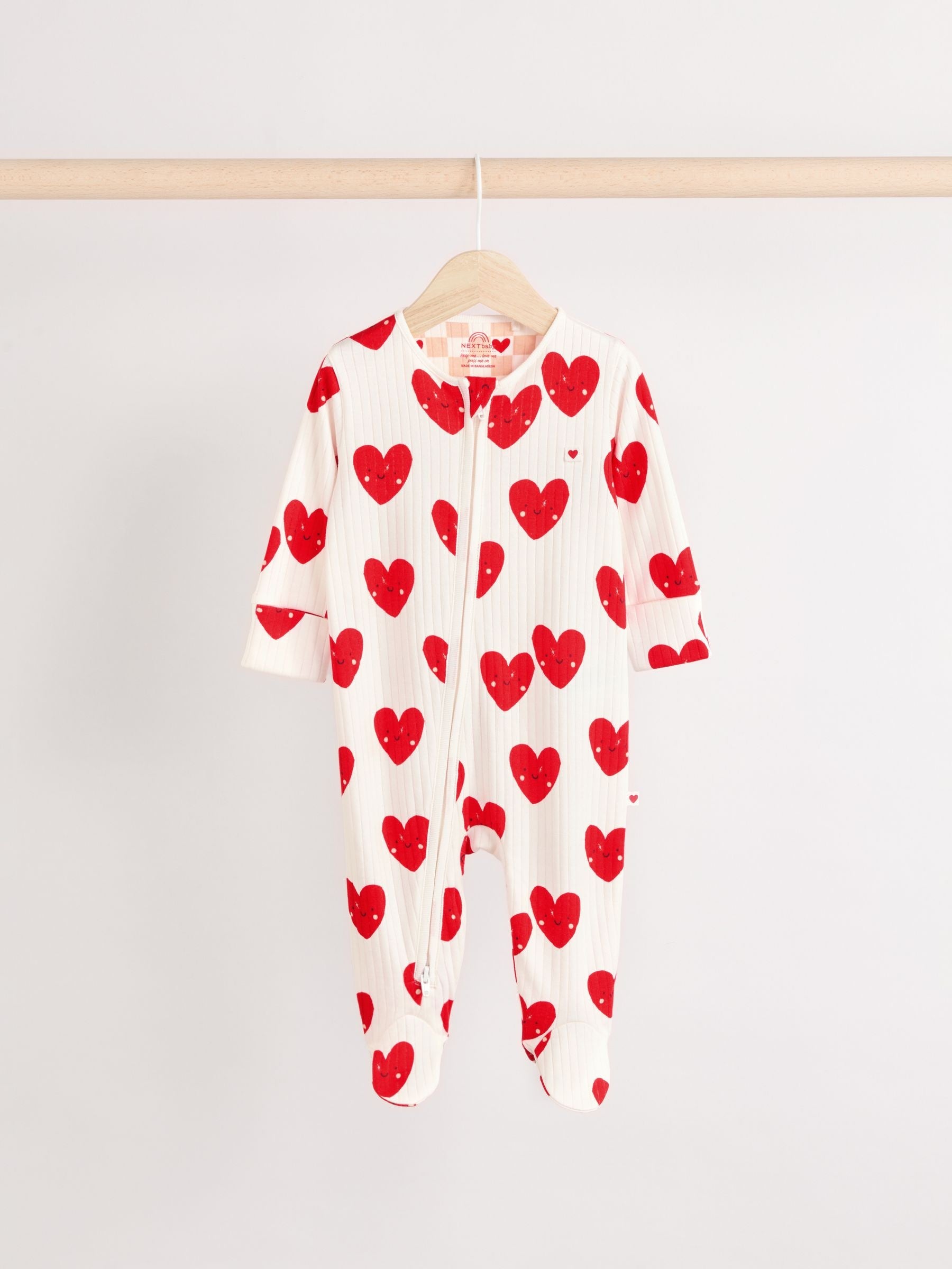 Red Valentines Two Way Zip Baby 100% Cotton Sleepsuits 3 Pack (0-2yrs)