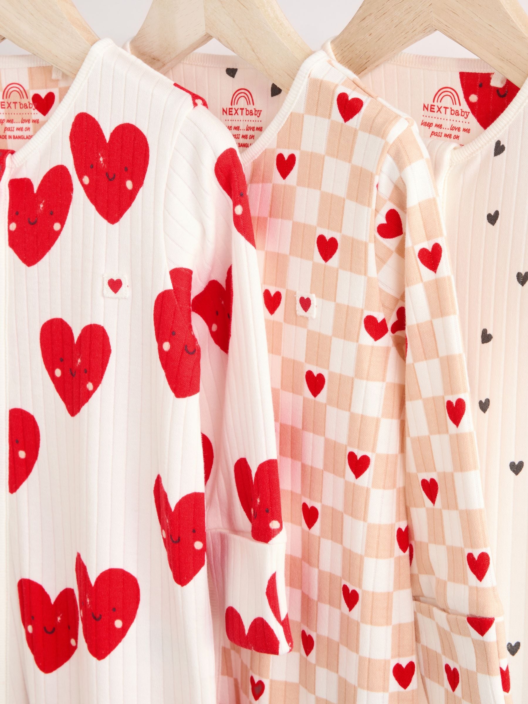 Red Valentines Two Way Zip Baby 100% Cotton Sleepsuits 3 Pack (0-2yrs)