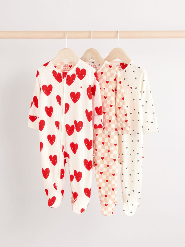 Red Valentines Two Way Zip Baby 100% Cotton Sleepsuits 3 Pack (0-2yrs)