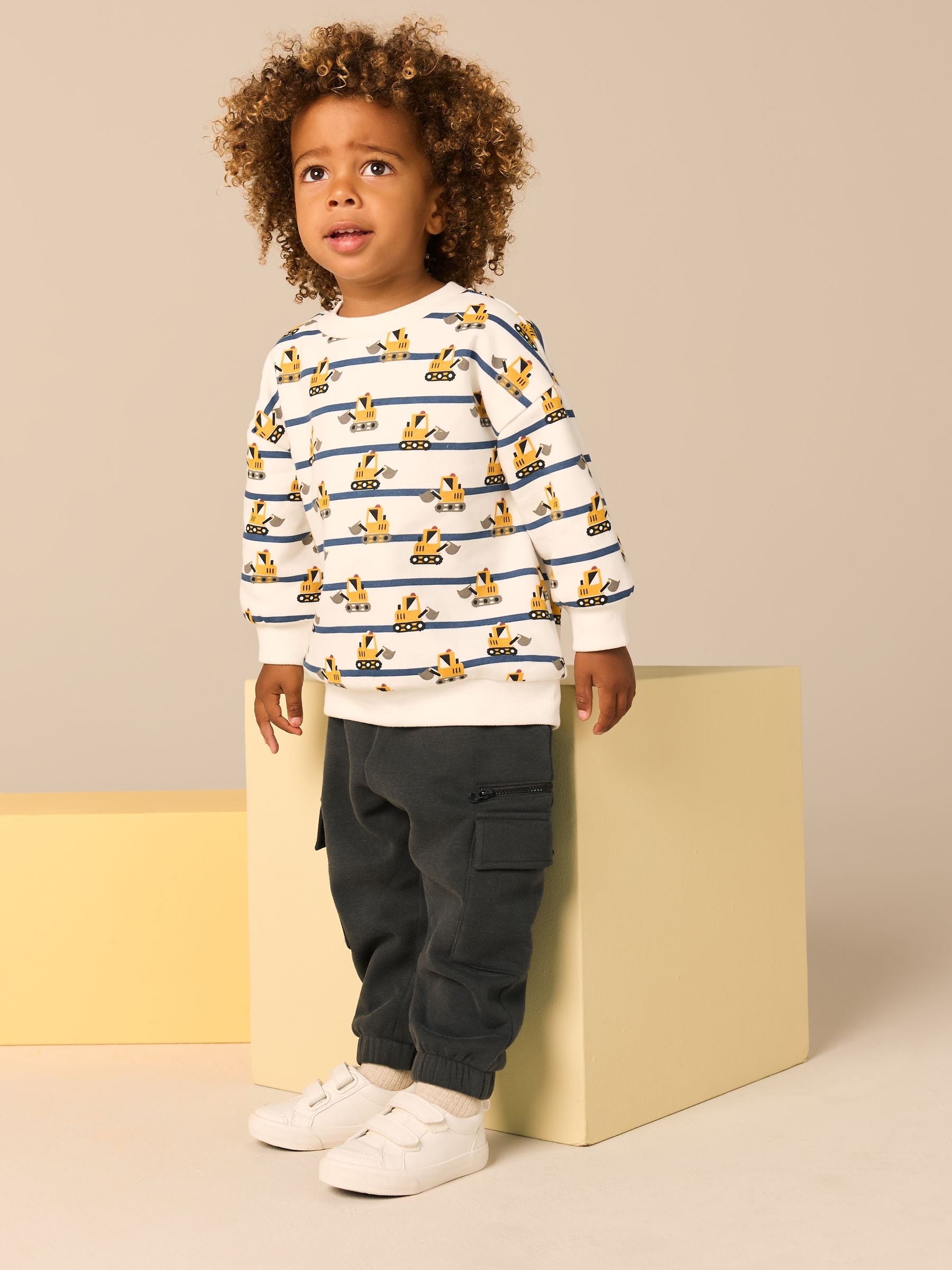 White and Navy Blue Striped Digger 100% Cotton Sweatshirt and Utility Joggers 2 Piece Set (3mths-7yrs)