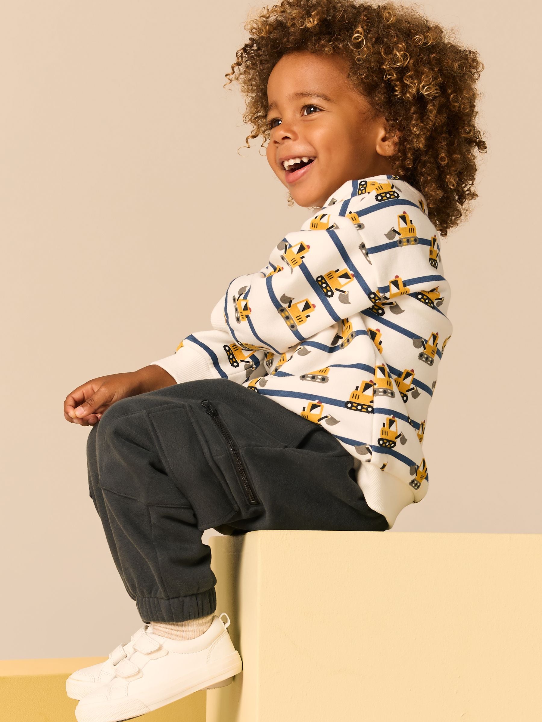 White and Navy Blue Striped Digger 100% Cotton Sweatshirt and Utility Joggers 2 Piece Set (3mths-7yrs)