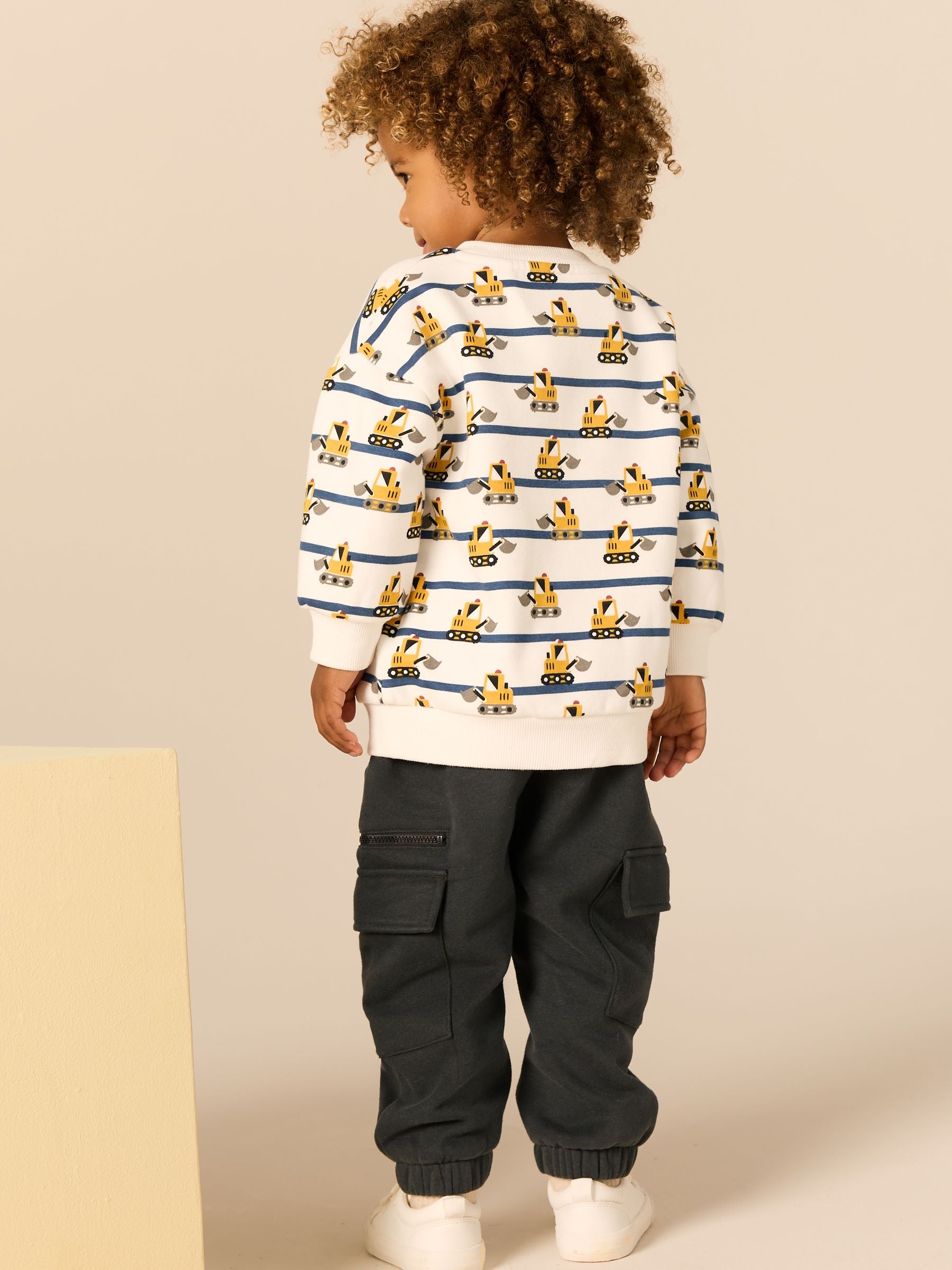 White and Navy Blue Striped Digger 100% Cotton Sweatshirt and Utility Joggers 2 Piece Set (3mths-7yrs)