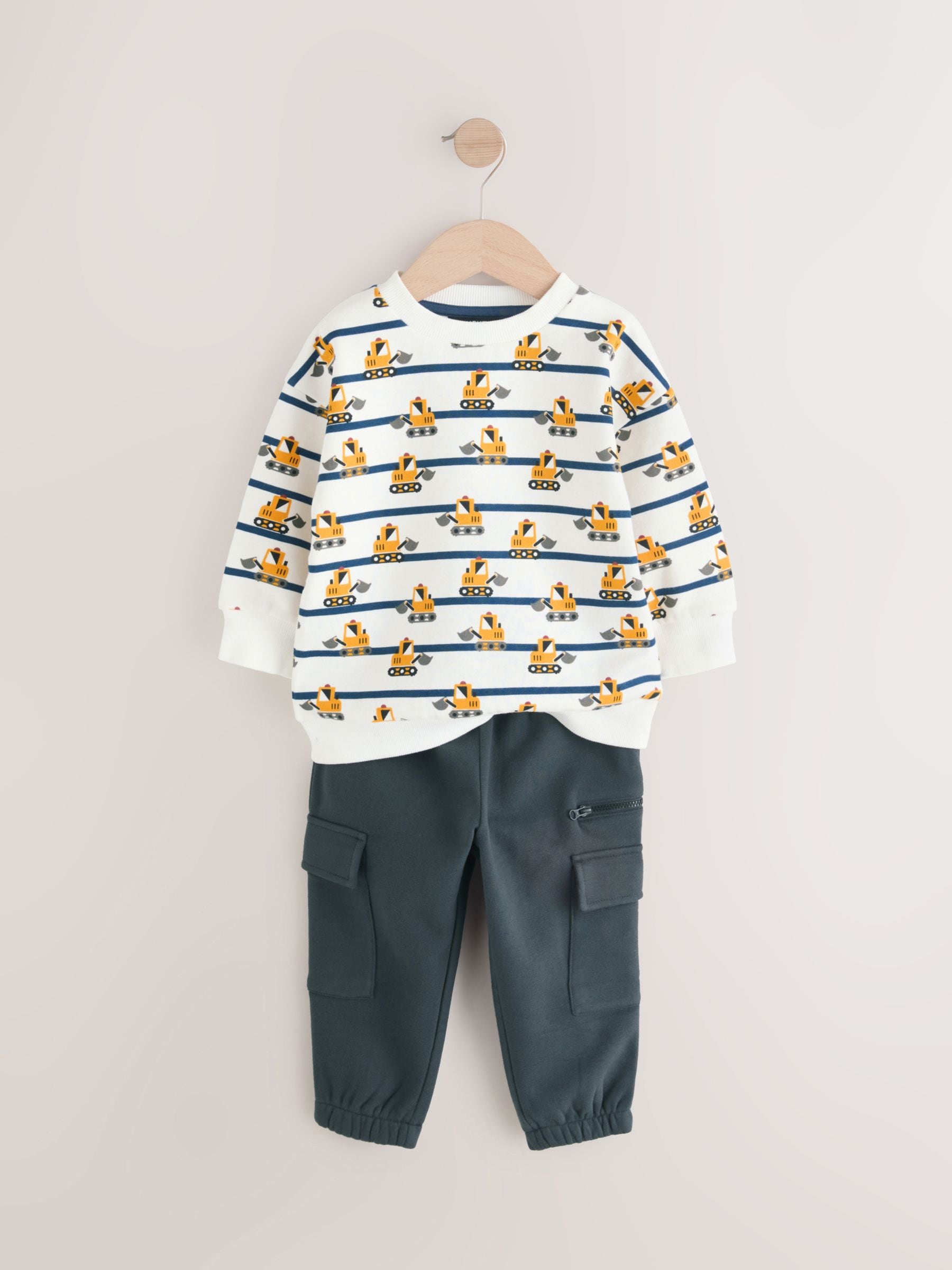 White and Navy Blue Striped Digger 100% Cotton Sweatshirt and Utility Joggers 2 Piece Set (3mths-7yrs)