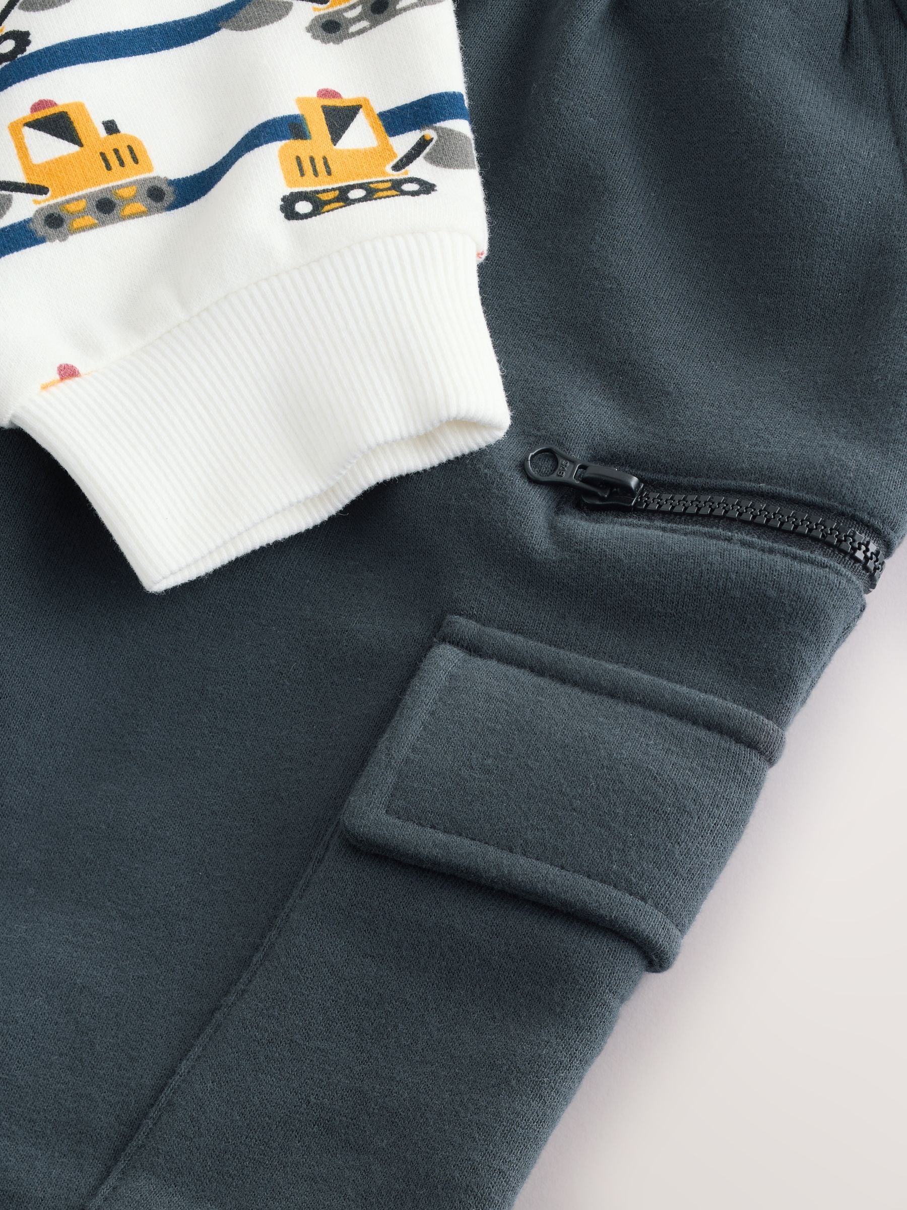 White and Navy Blue Striped Digger 100% Cotton Sweatshirt and Utility Joggers 2 Piece Set (3mths-7yrs)