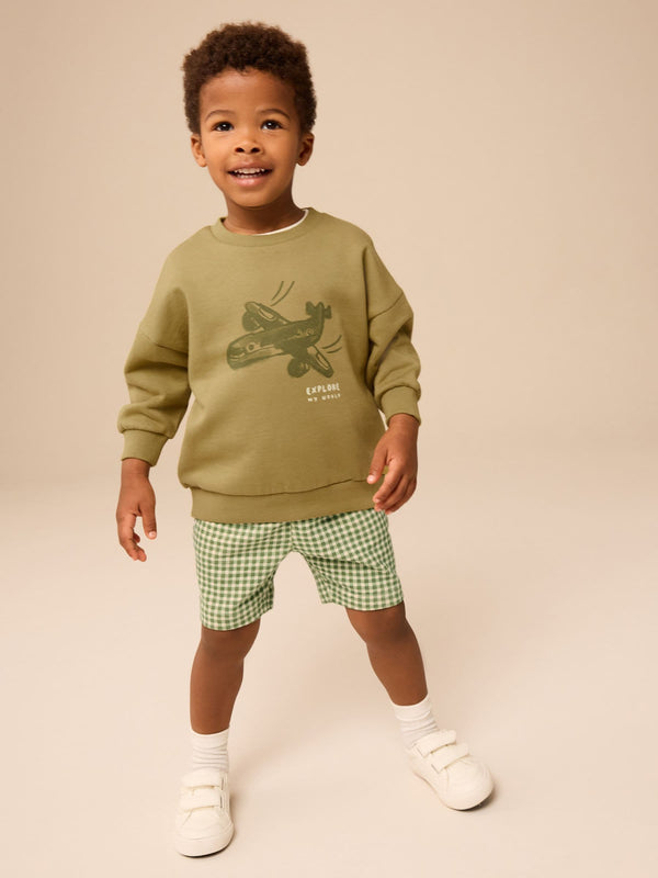 Olive Green 100% Cotton Sweatshirt and Patterned Shorts Racing Car Set (3mths-8yrs)