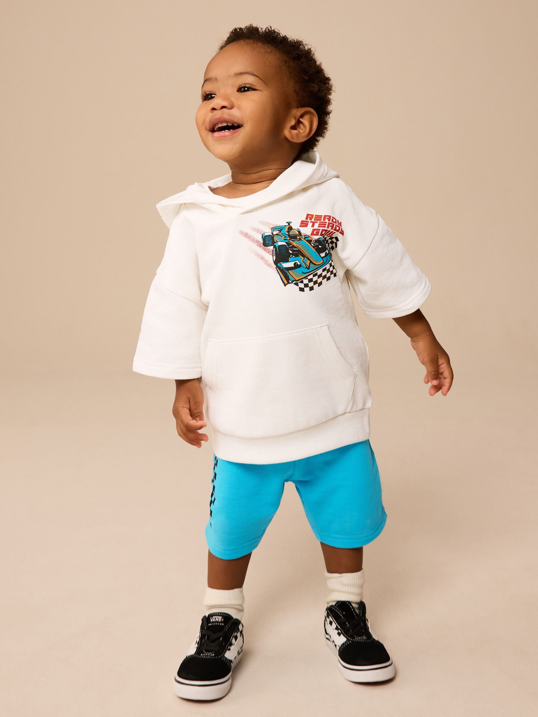 White/Aqua 100% Cotton Sweatshirt and Patterned Shorts Racing Car Set (3mths-8yrs)