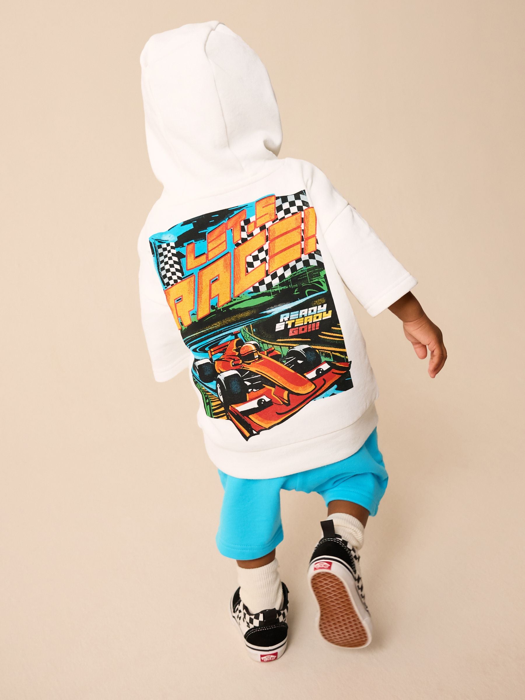 White/Aqua 100% Cotton Sweatshirt and Patterned Shorts Racing Car Set (3mths-8yrs)