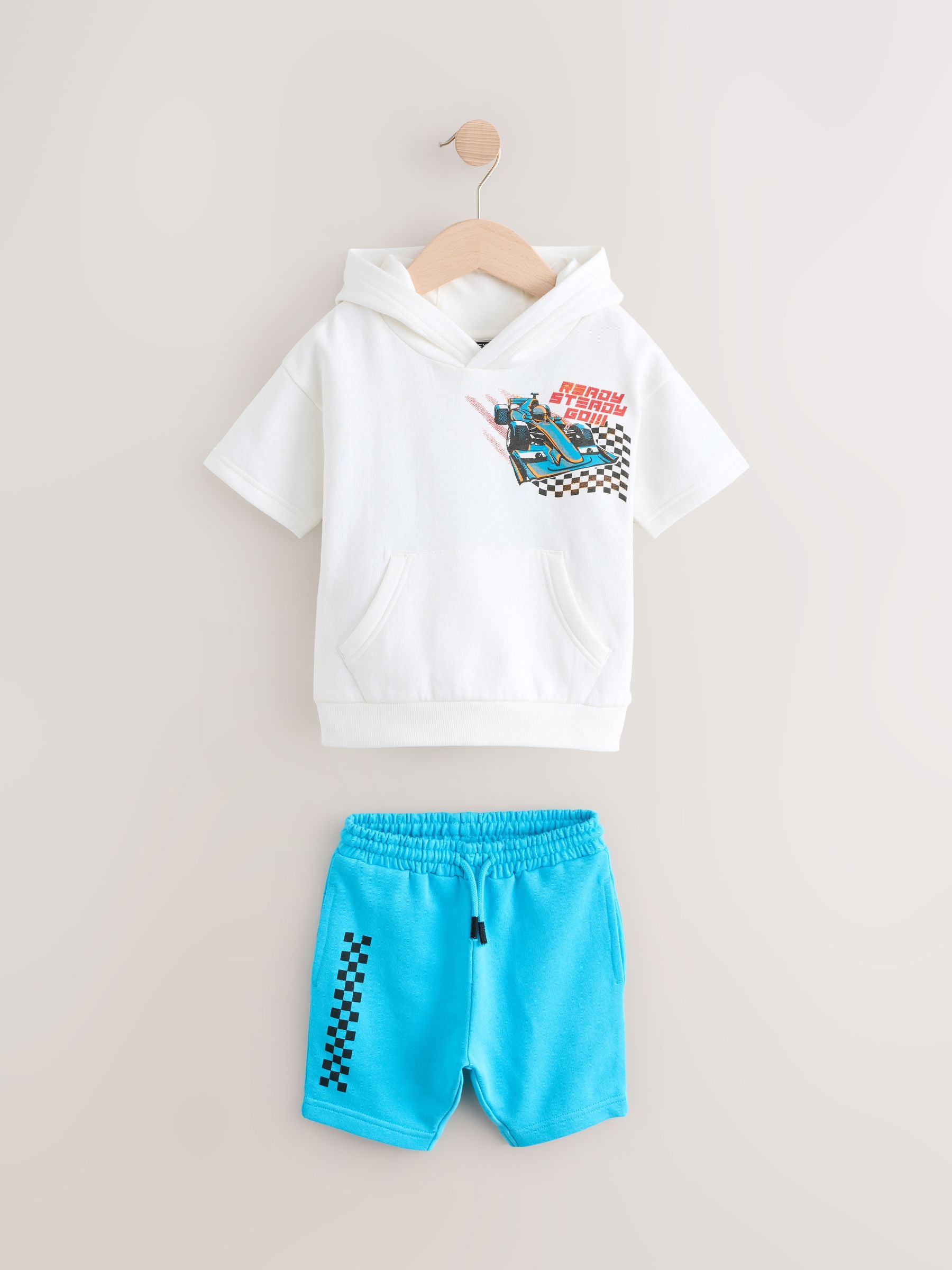 White/Aqua 100% Cotton Sweatshirt and Patterned Shorts Racing Car Set (3mths-8yrs)