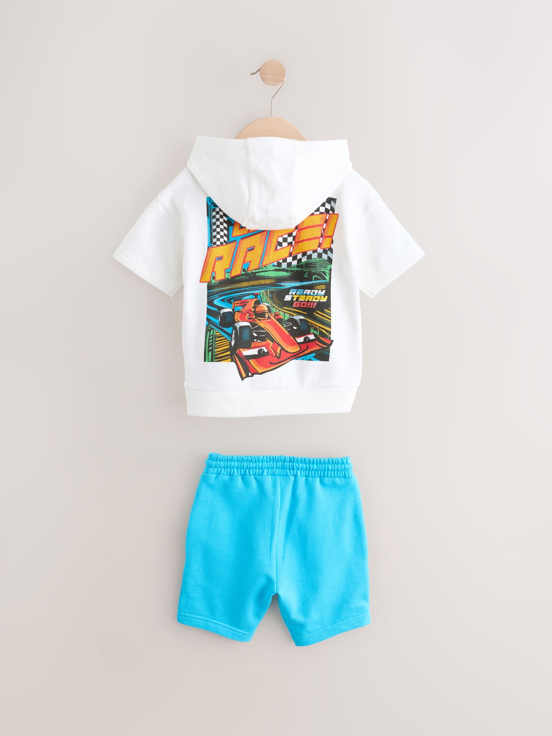 White/Aqua 100% Cotton Sweatshirt and Patterned Shorts Racing Car Set (3mths-8yrs)