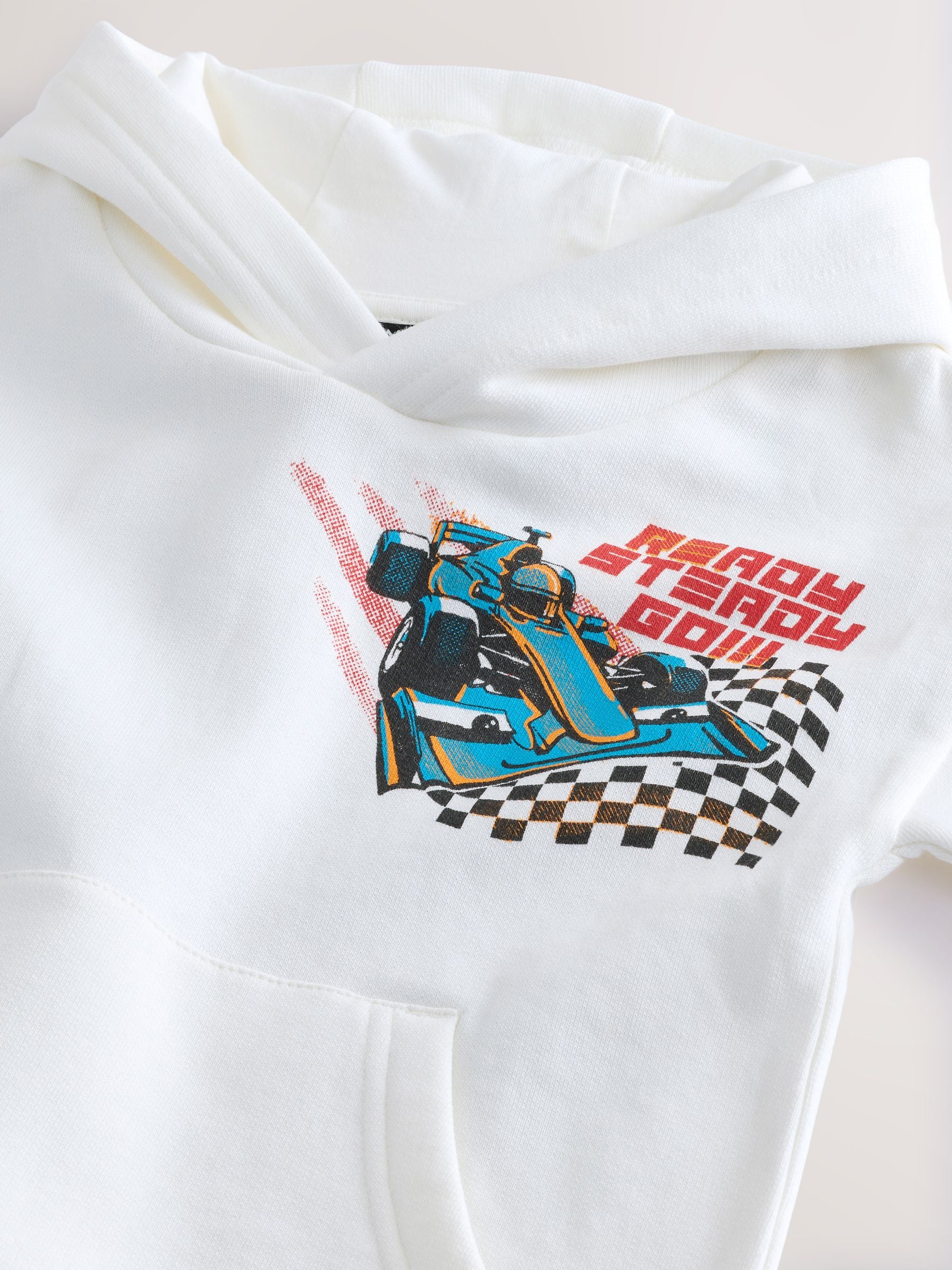 White/Aqua 100% Cotton Sweatshirt and Patterned Shorts Racing Car Set (3mths-8yrs)