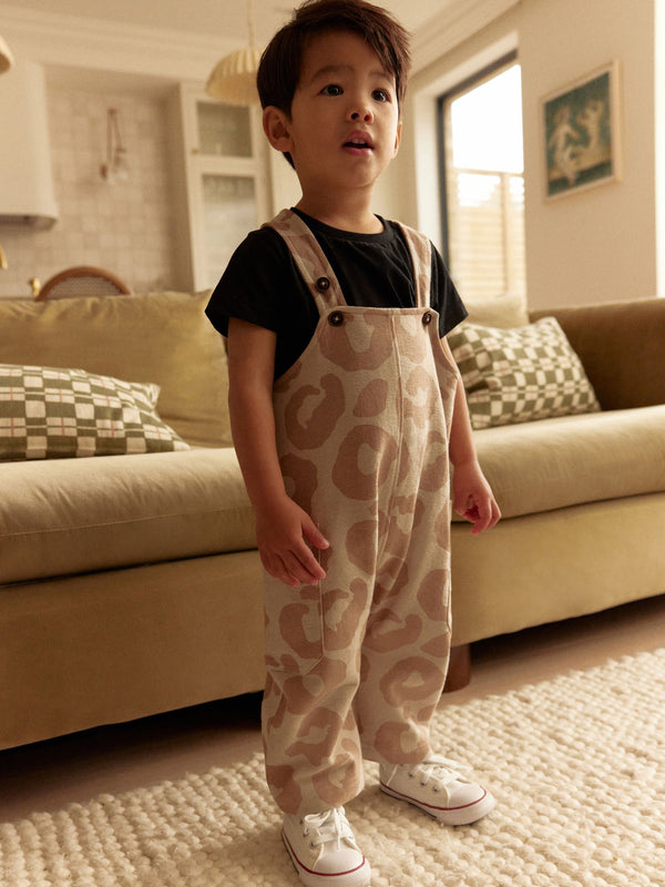 Tan Brown Animal Print 100% Cotton Jersey Dungaree And T-Shirt Set (3mths-7yrs)