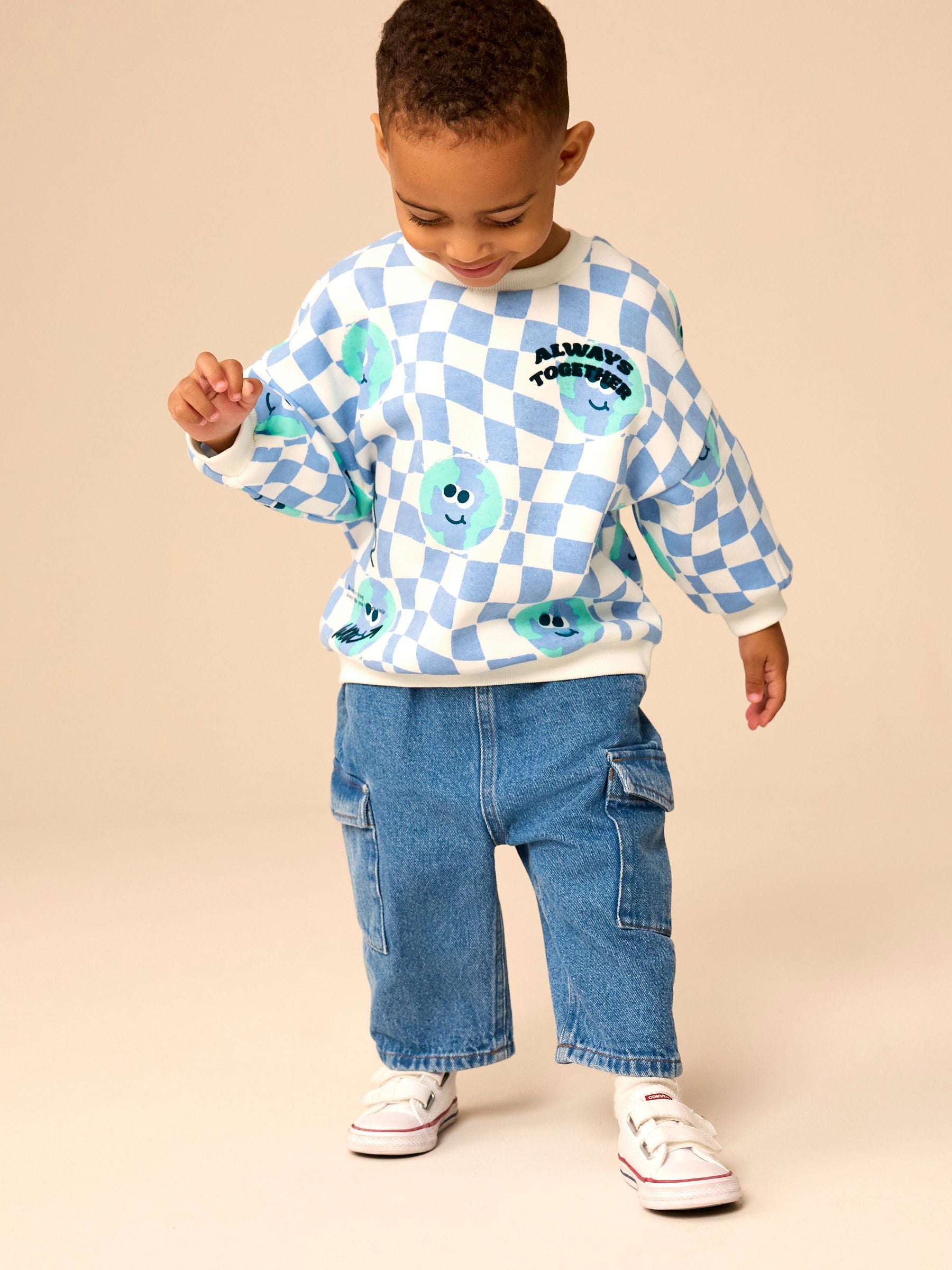 Blue on White All-Over Print Crew Neck 100% Cotton Sweatshirt (3mths-7yrs)