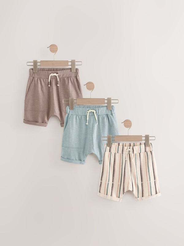 Mineral Blue/ Stripe/ Brown Lightweight Jersey 100% Cotton Shorts 3 Pack (3mths-7yrs)