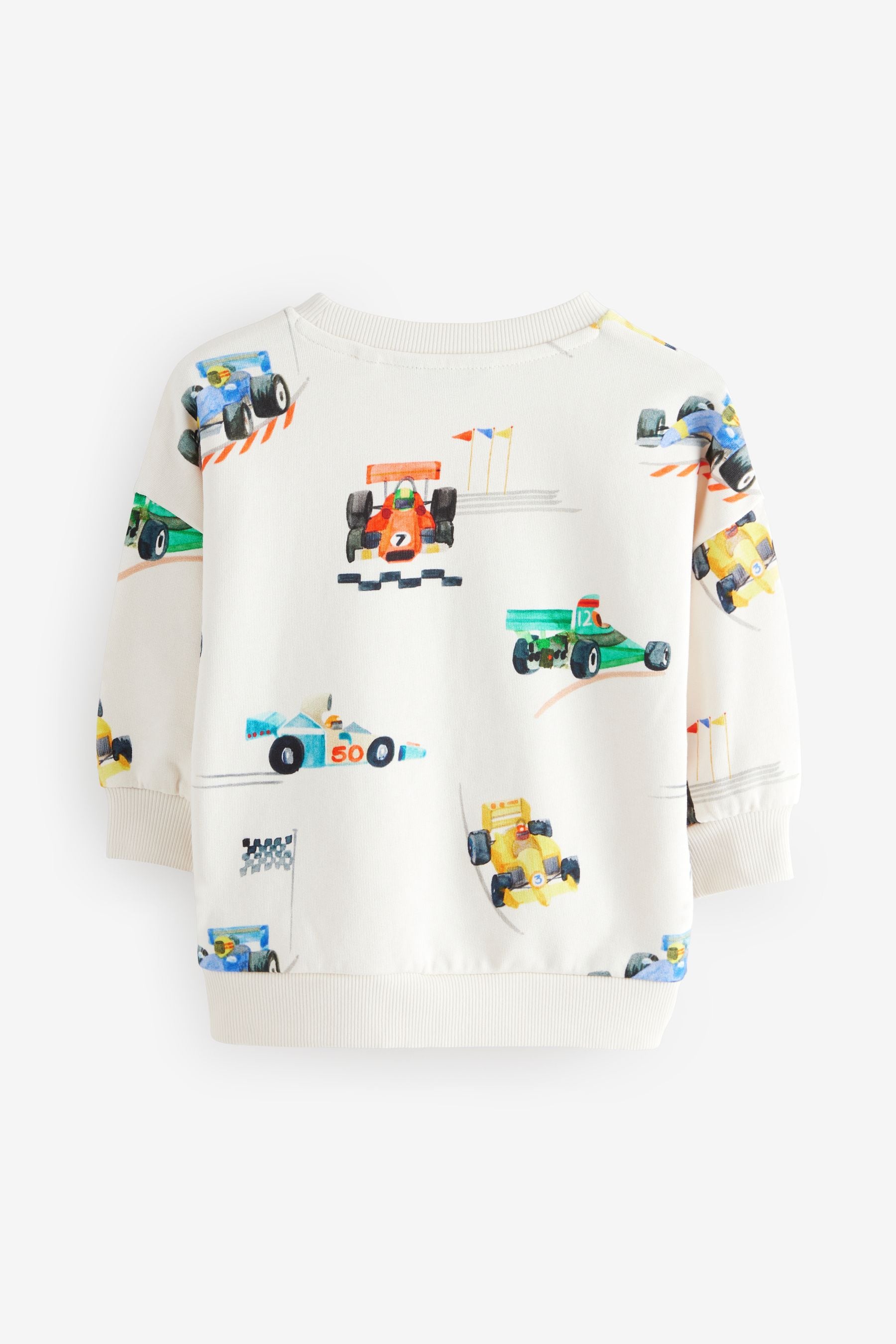 Ecru Off White Cars All-Over Print Crew Neck 100% Cotton Sweatshirt (3mths-7yrs)