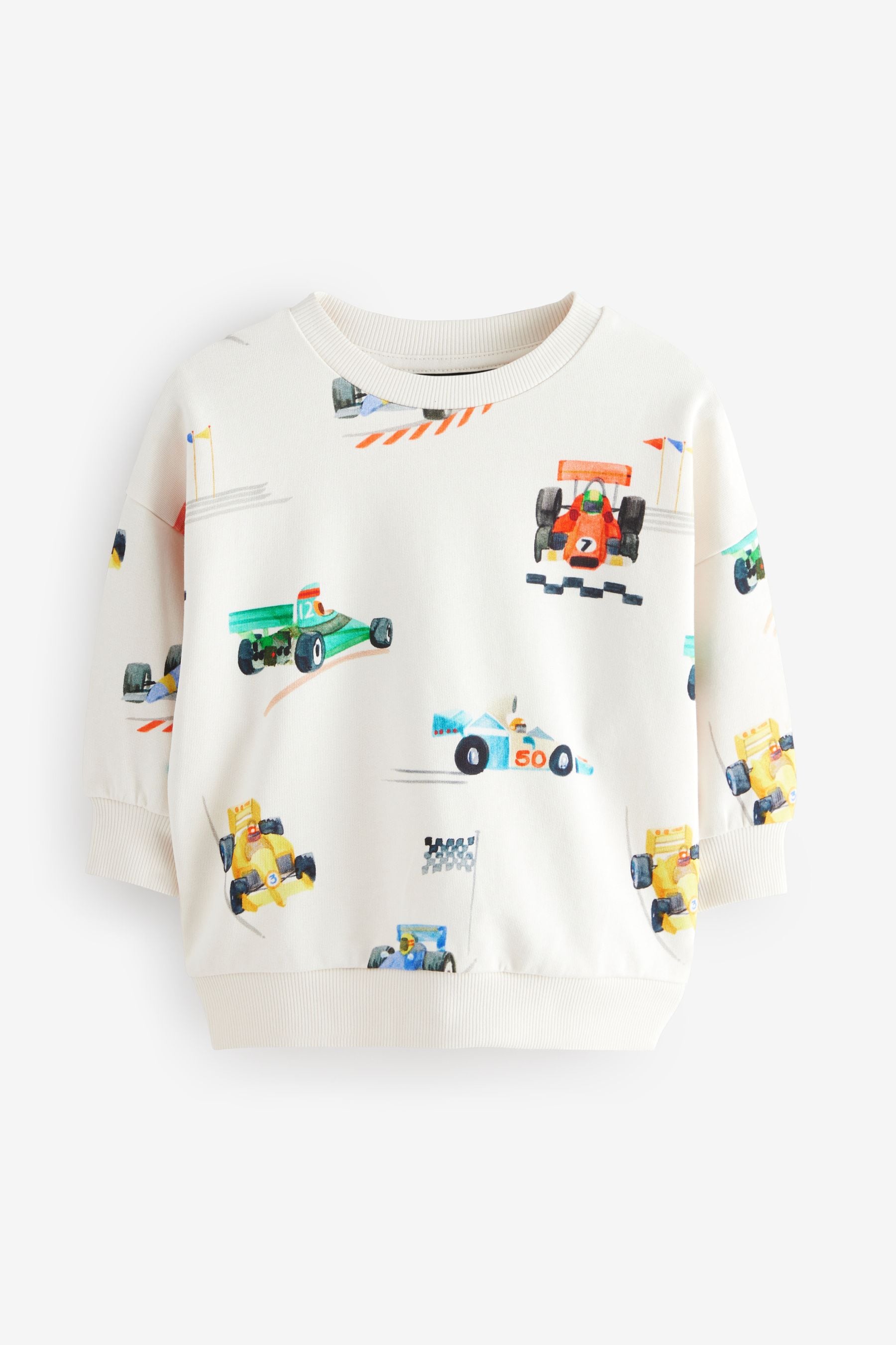 Ecru Off White Cars All-Over Print Crew Neck 100% Cotton Sweatshirt (3mths-7yrs)