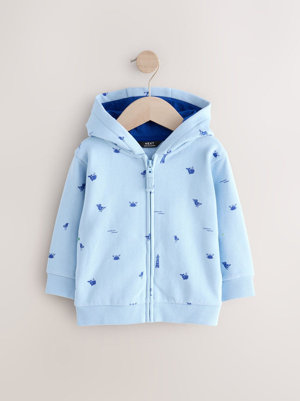 Light Blue 100% Cotton All Over Print Zip Through Hoodie (3mths-7yrs)