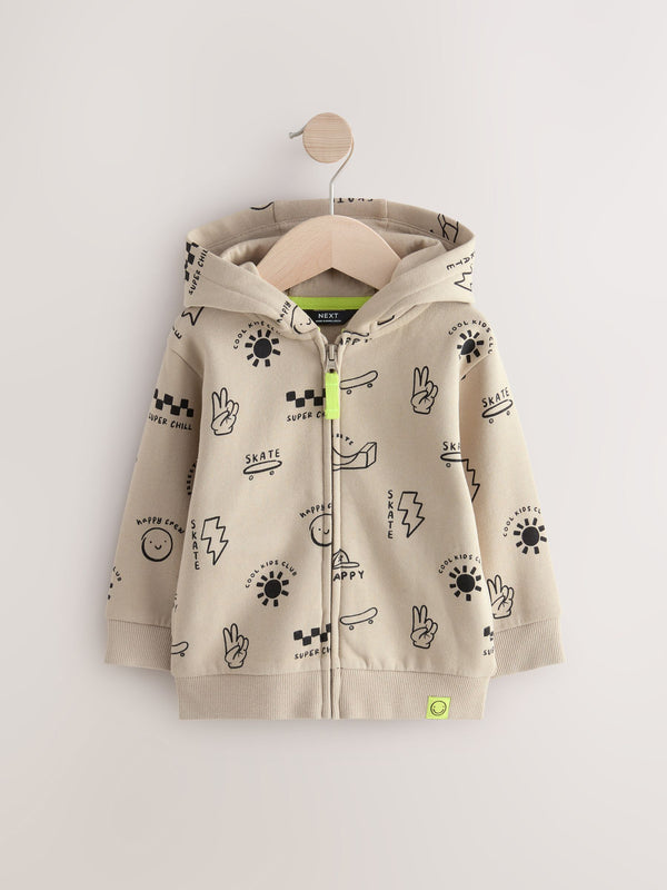 Grey 100% Cotton All Over Print Zip Through Hoodie (3mths-7yrs)