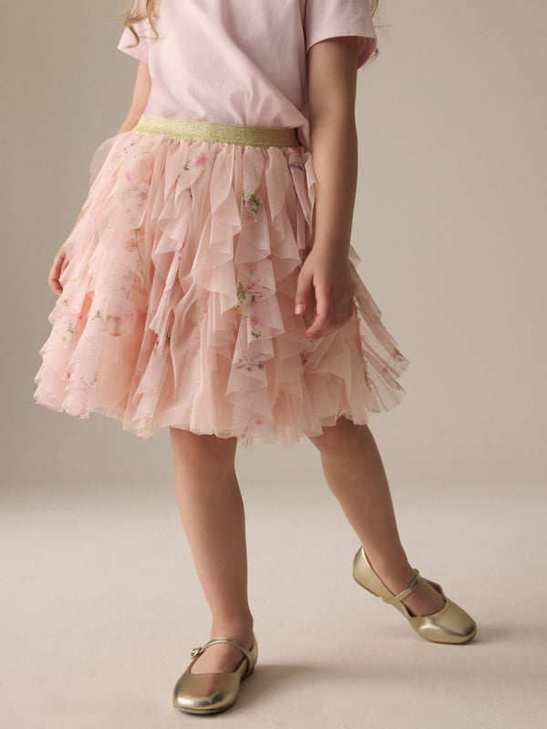 Pink Frill Mesh Floral Printed Skirt (3-16yrs)