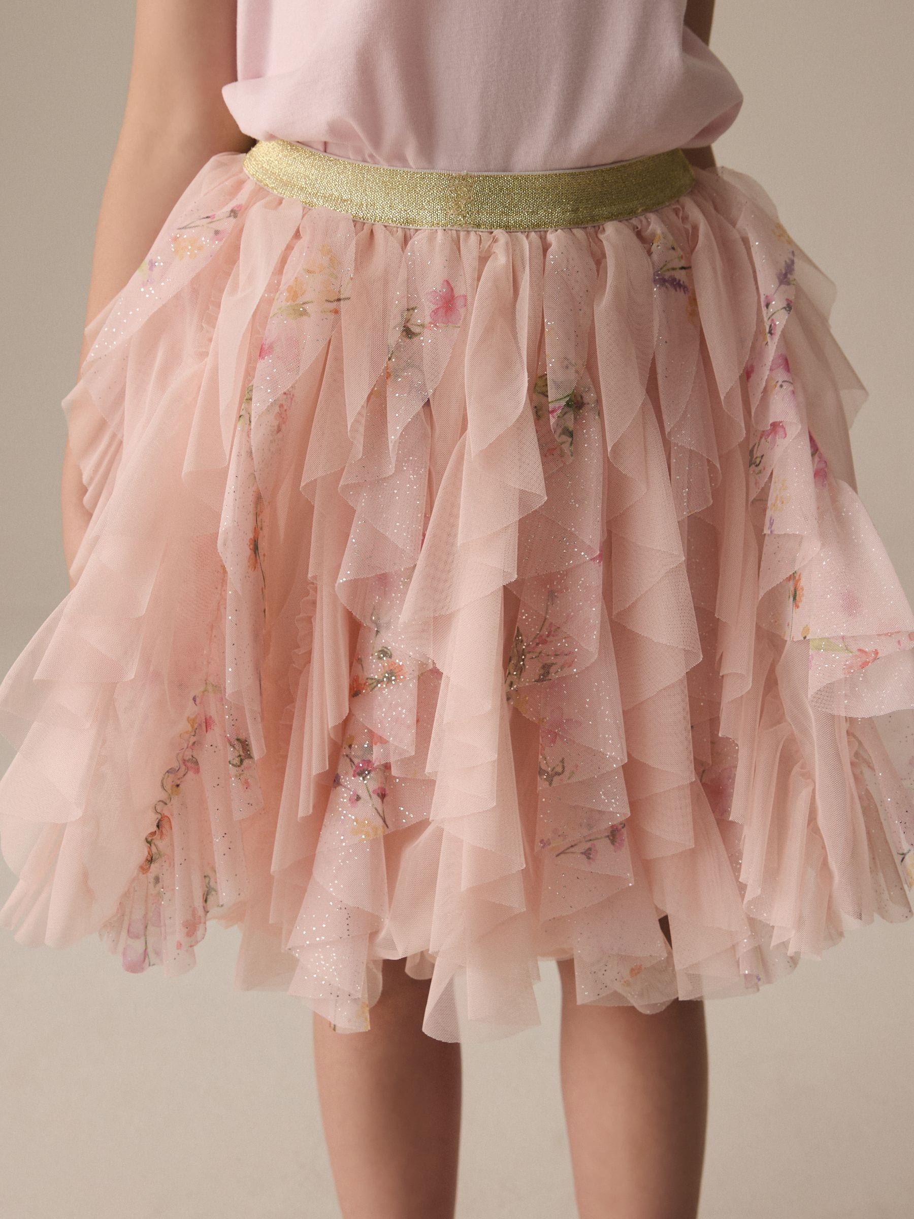 Pink Frill Mesh Floral Printed Skirt (3-16yrs)