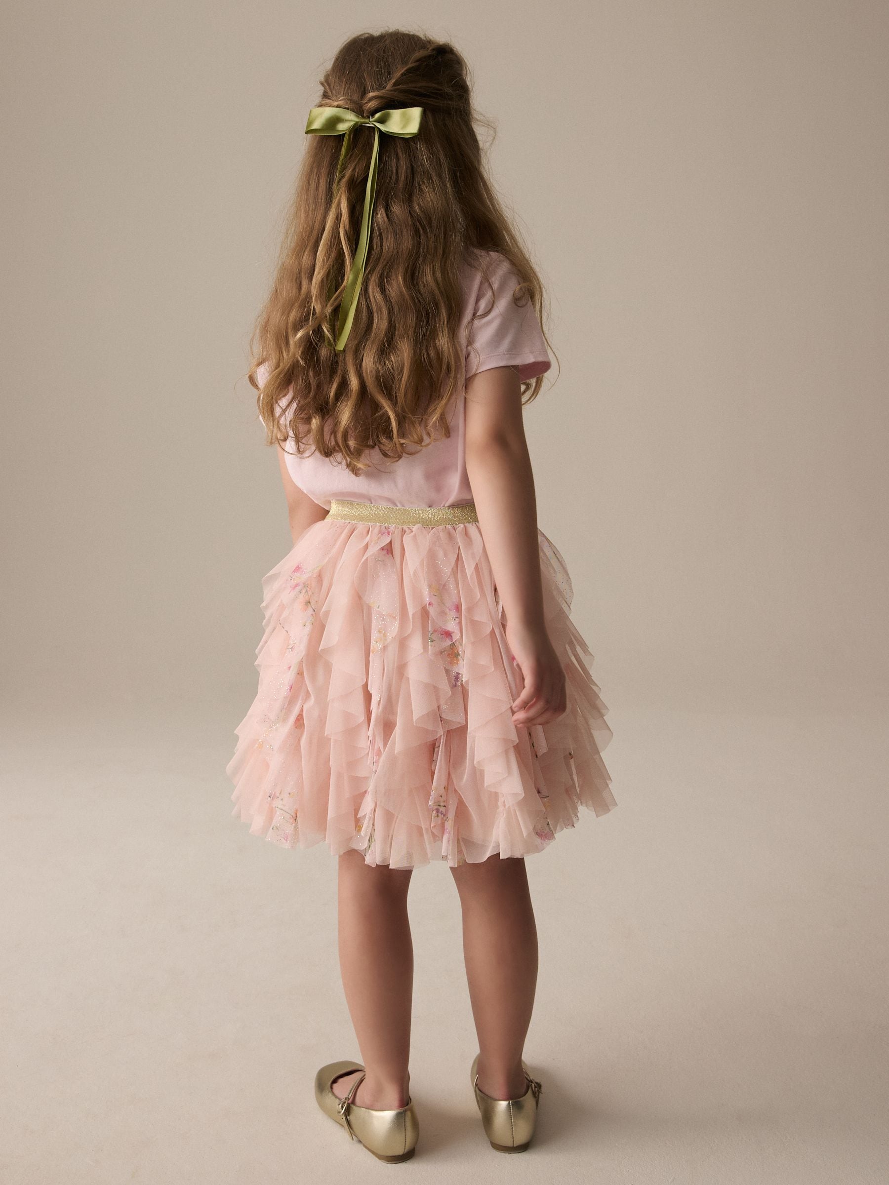 Pink Frill Mesh Floral Printed Skirt (3-16yrs)