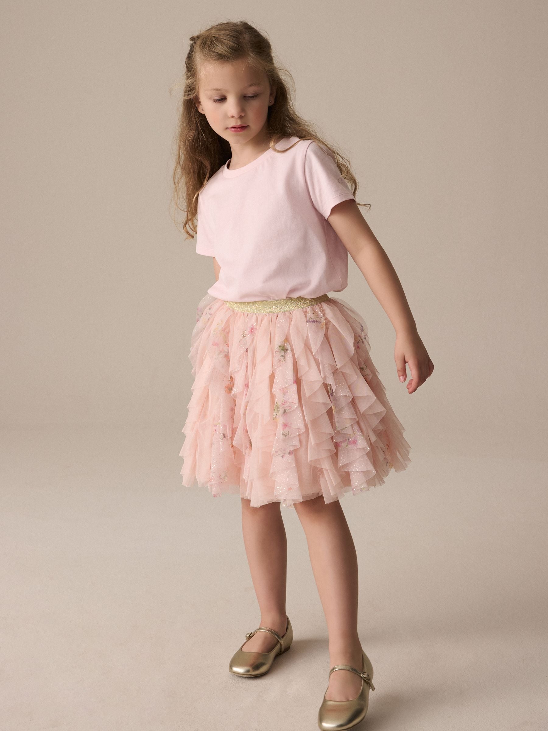 Pink Frill Mesh Floral Printed Skirt (3-16yrs)