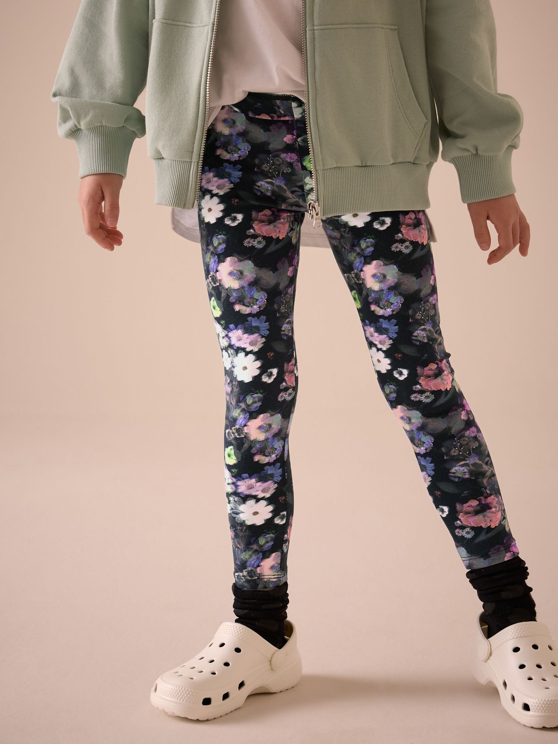 Black/Purple Floral Printed Leggings (3-16yrs)