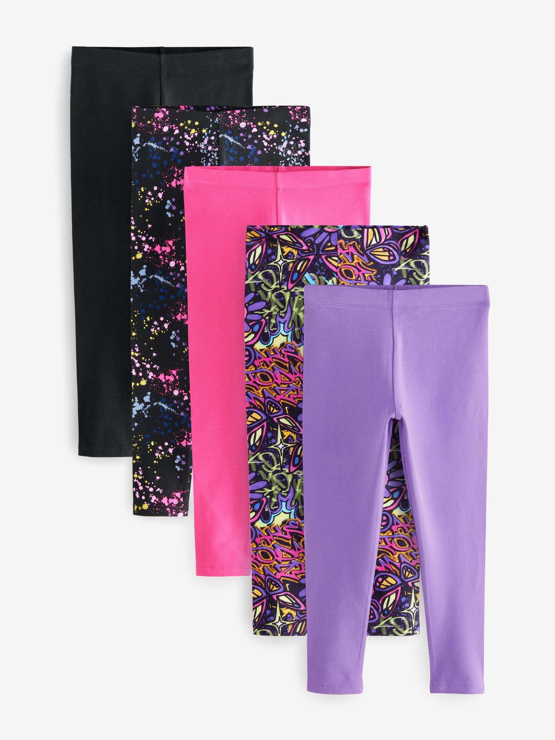 Black/Pink Grafitti Splat Leggings 5 Pack (3-16yrs)