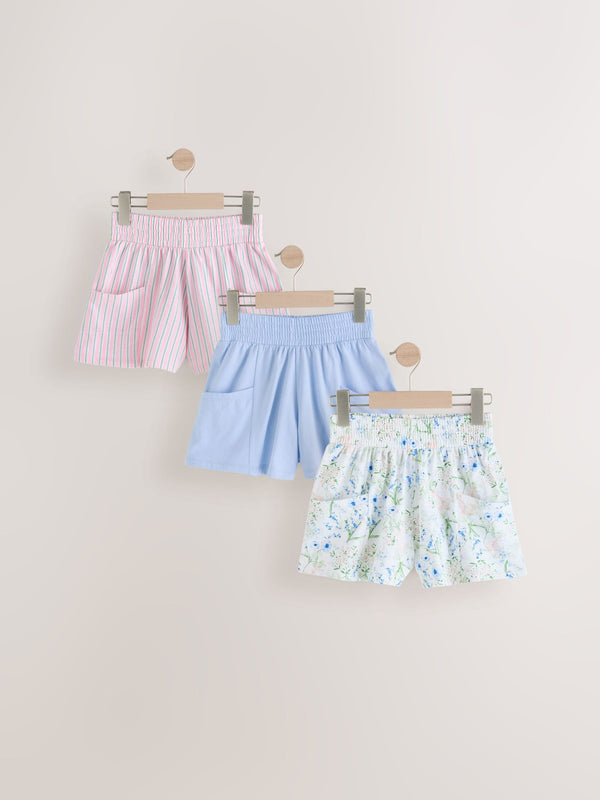 Pink/Blue/Floral 100% Cotton Shorts 3 Pack (3-16yrs)