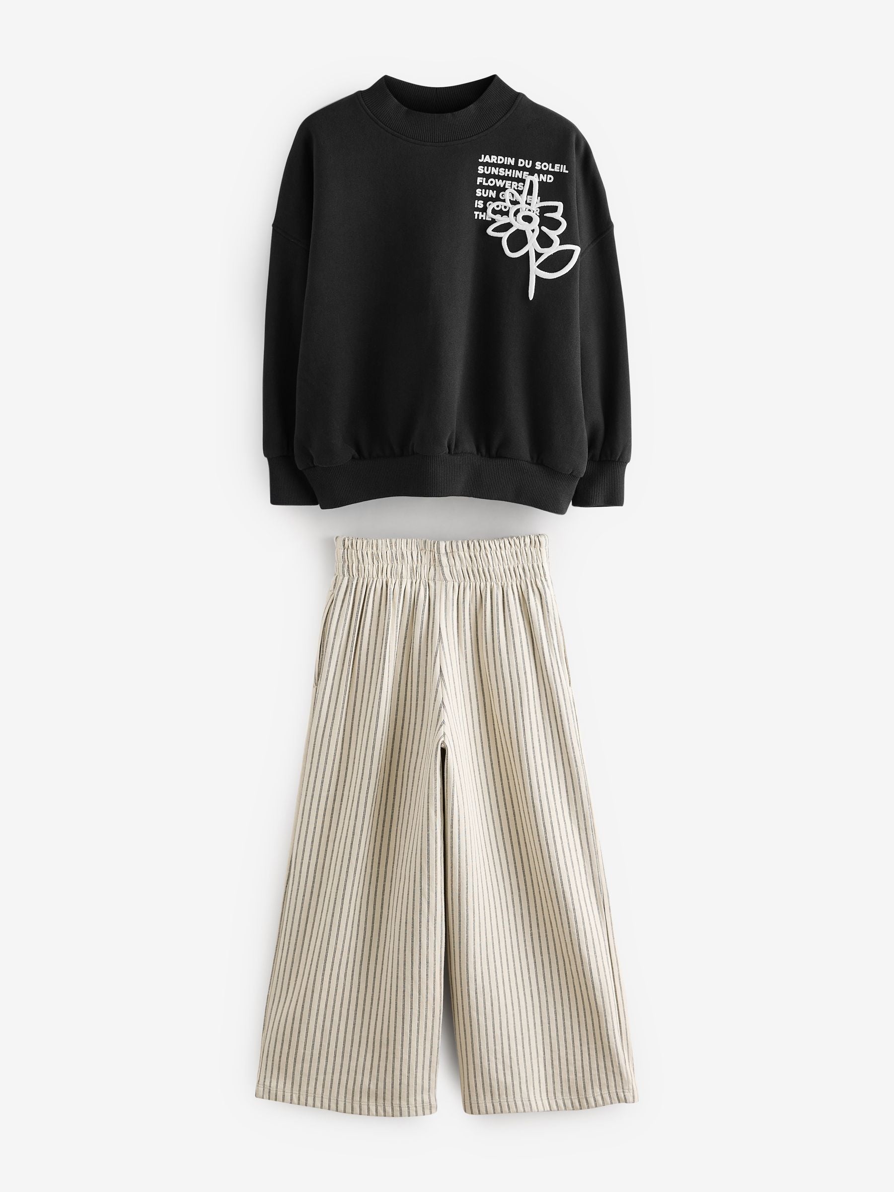 Black/White Graphic Sweatshirt And Stripe Textured Trousers Set (3-16yrs)