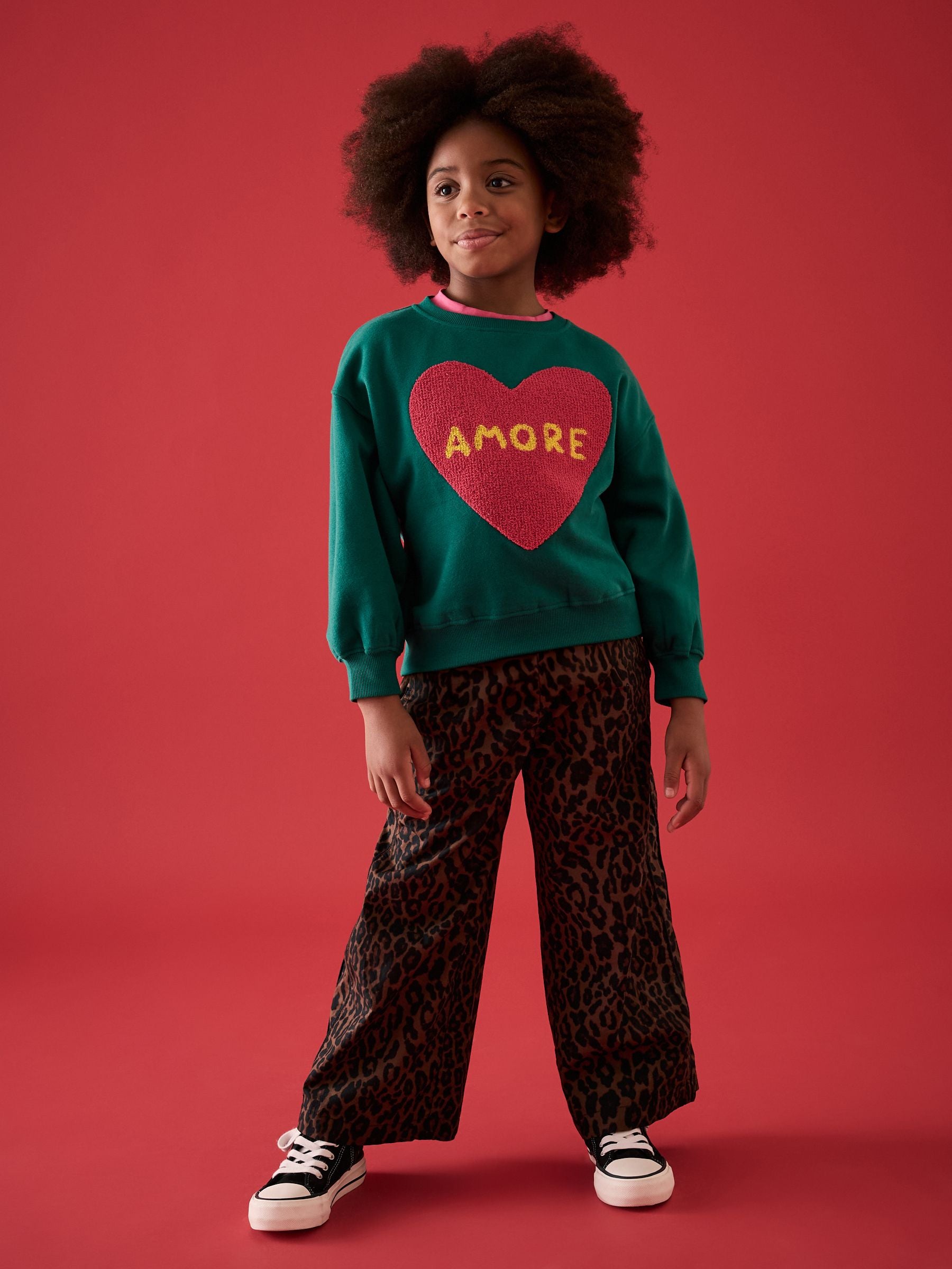 Green 100% Cotton Boucle Heart Sweatshirt And Animal Print Trousers (3-16yrs)