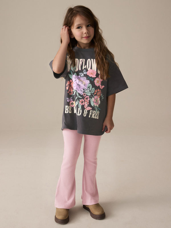 Pink Floral T-Shirt and Ribbed Flare 100% Cotton Set (3-16yrs)