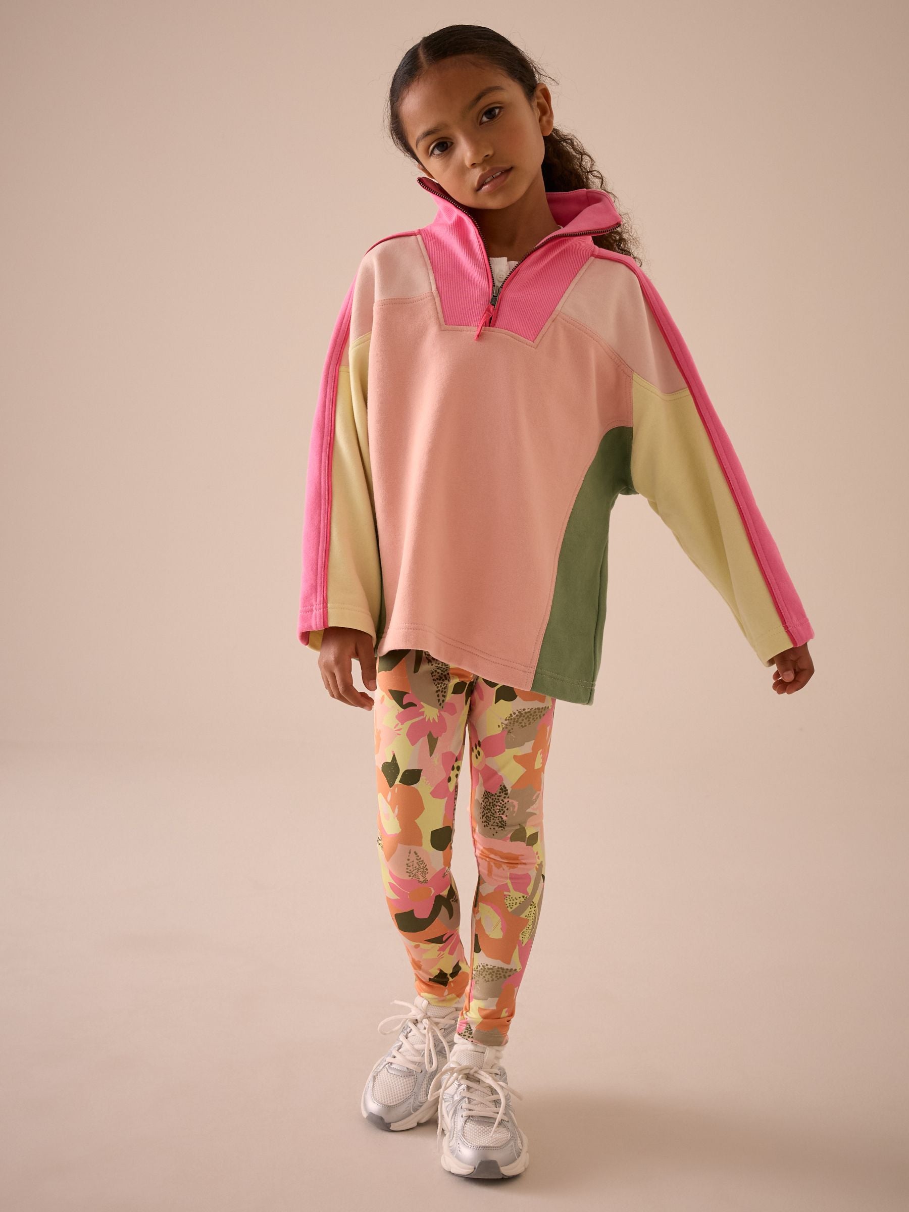 Pink Colourblock Half Zip Sweatshirt And Leggings Set (3-16yrs)