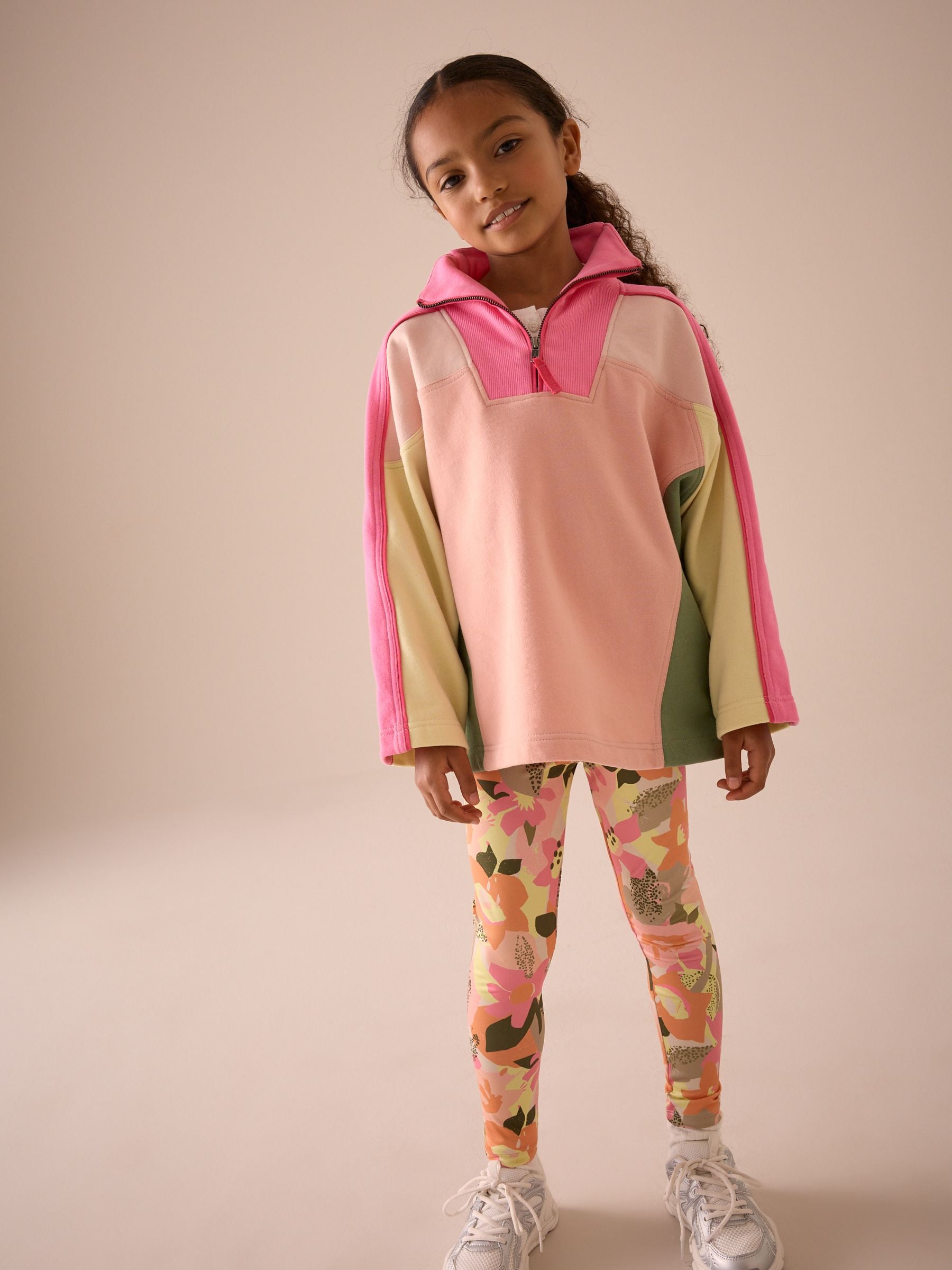 Pink Colourblock Half Zip Sweatshirt And Leggings Set (3-16yrs)