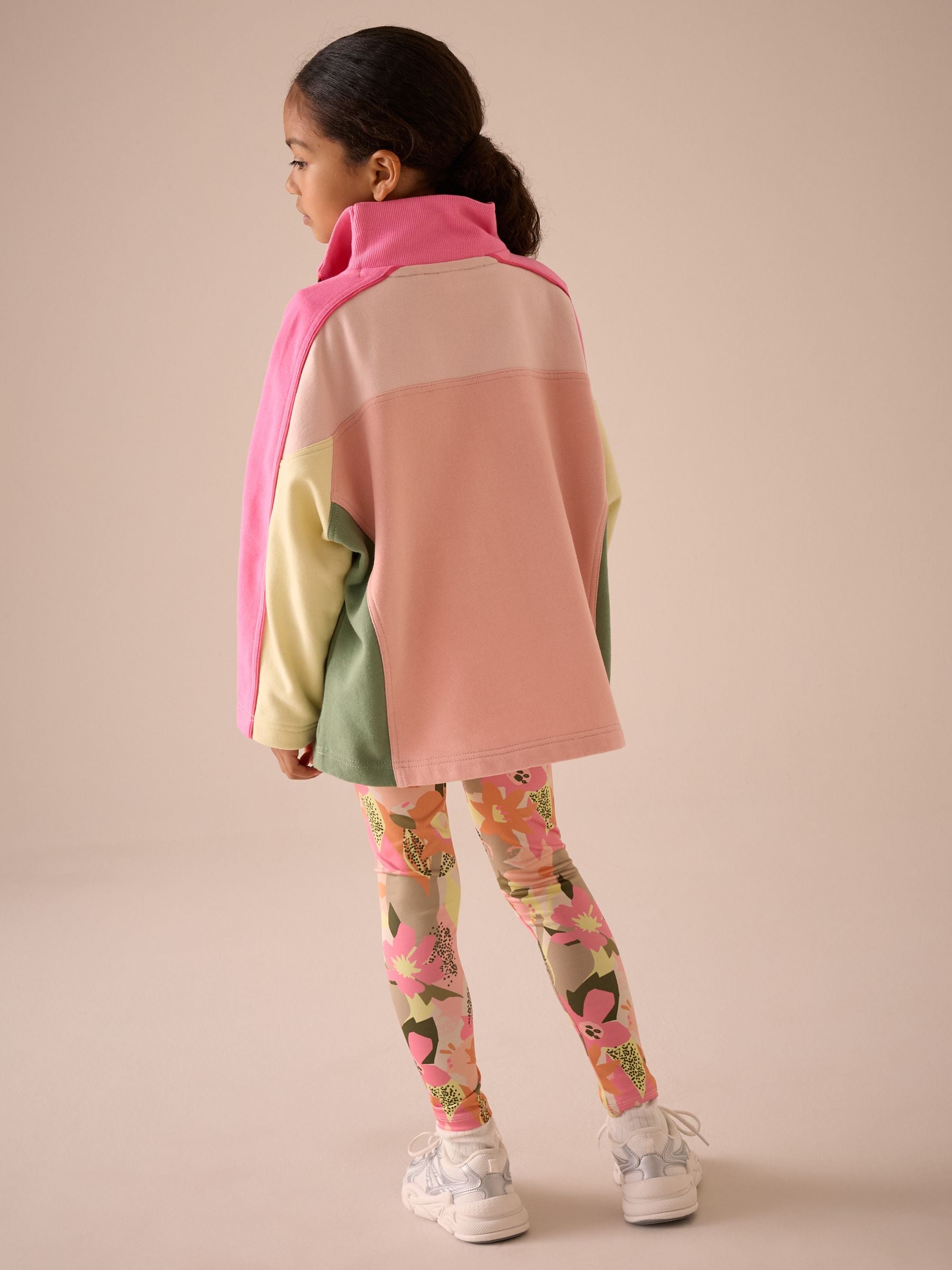 Pink Colourblock Half Zip Sweatshirt And Leggings Set (3-16yrs)